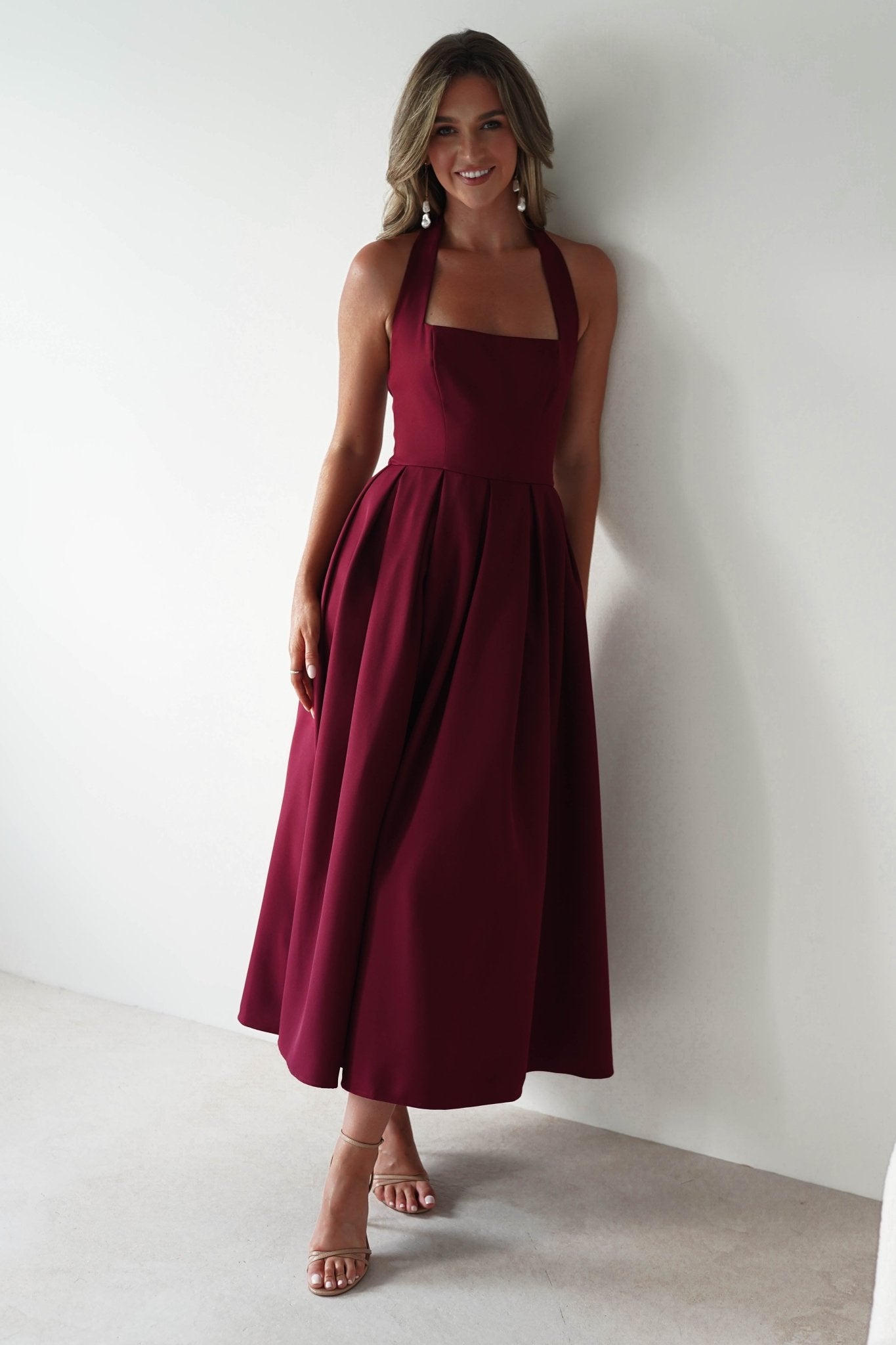 Daria Halter Neck Midi Dress Wine | Wedding Guest Dress | Halter Neck | Midi | Oh Hello Clothing