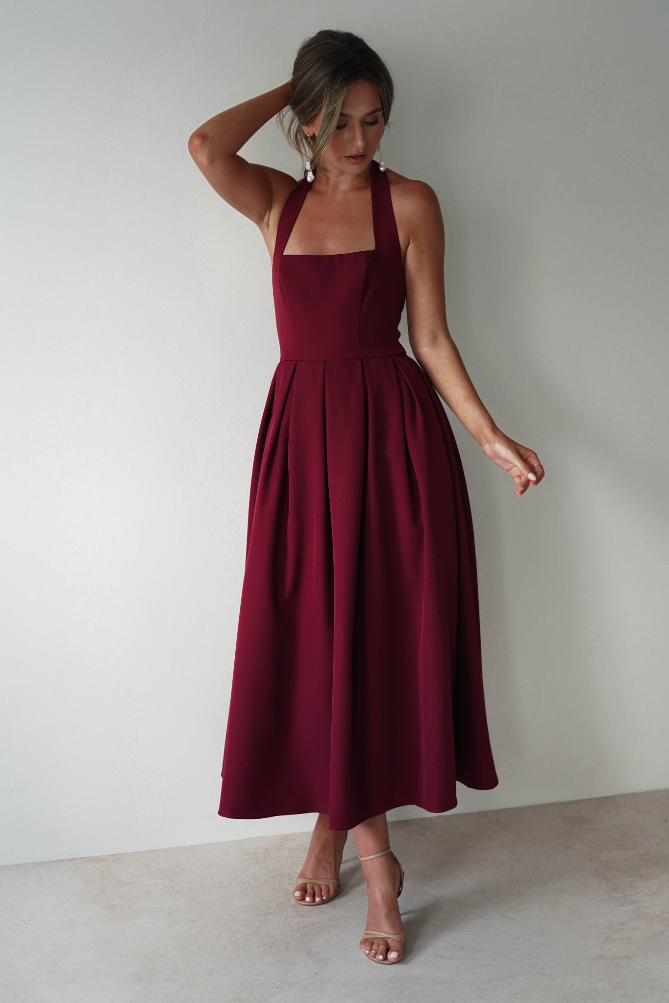 Daria Halter Neck Midi Dress Wine | Wedding Guest Dress | Halter Neck | Midi | Oh Hello Clothing