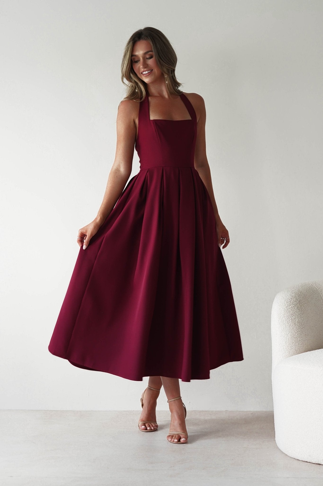 Daria Halter Neck Midi Dress Wine | Wedding Guest Dress | Halter Neck | Midi | Oh Hello Clothing