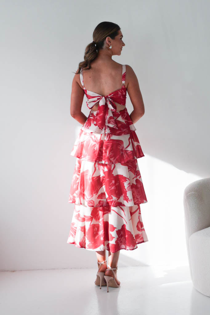 Oh Hello Clothing Women > Clothing > Dresses Denisa Floral Print Ruffle Maxi Dress | Red