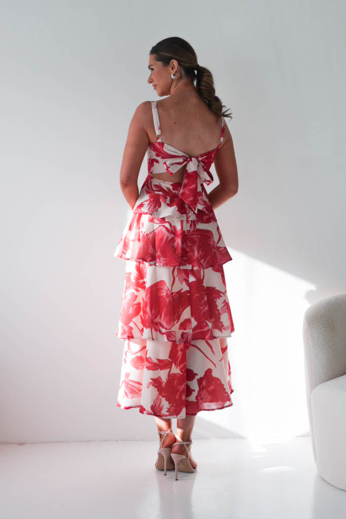 Oh Hello Clothing Women > Clothing > Dresses Denisa Floral Print Ruffle Maxi Dress | Red