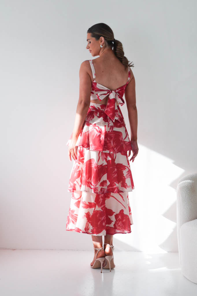 Oh Hello Clothing Women > Clothing > Dresses Denisa Floral Print Ruffle Maxi Dress | Red