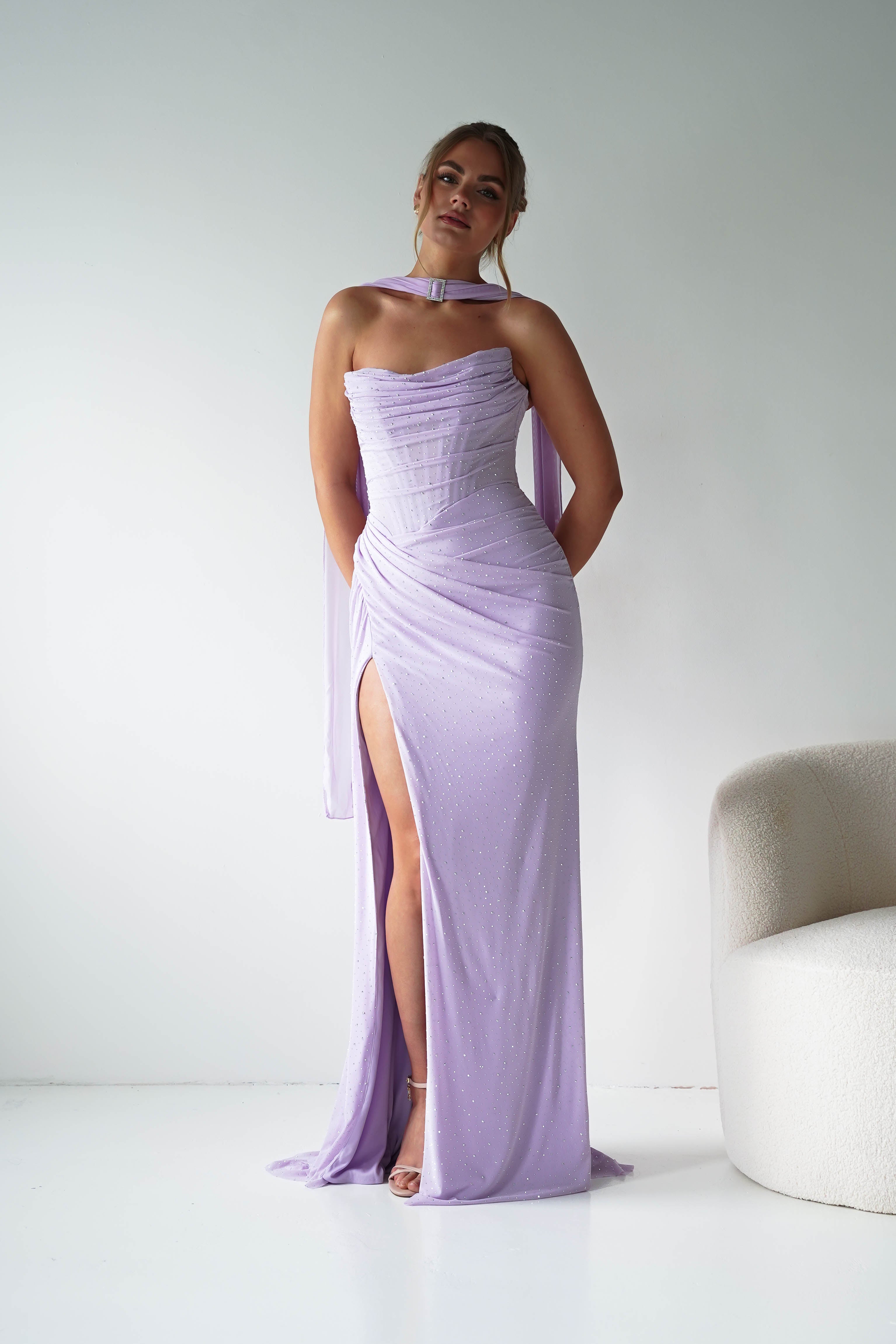 Oh Hello Clothing Dresses > Prom Dresses Diana Draped Strapless Rhinestone Gown | Lavender