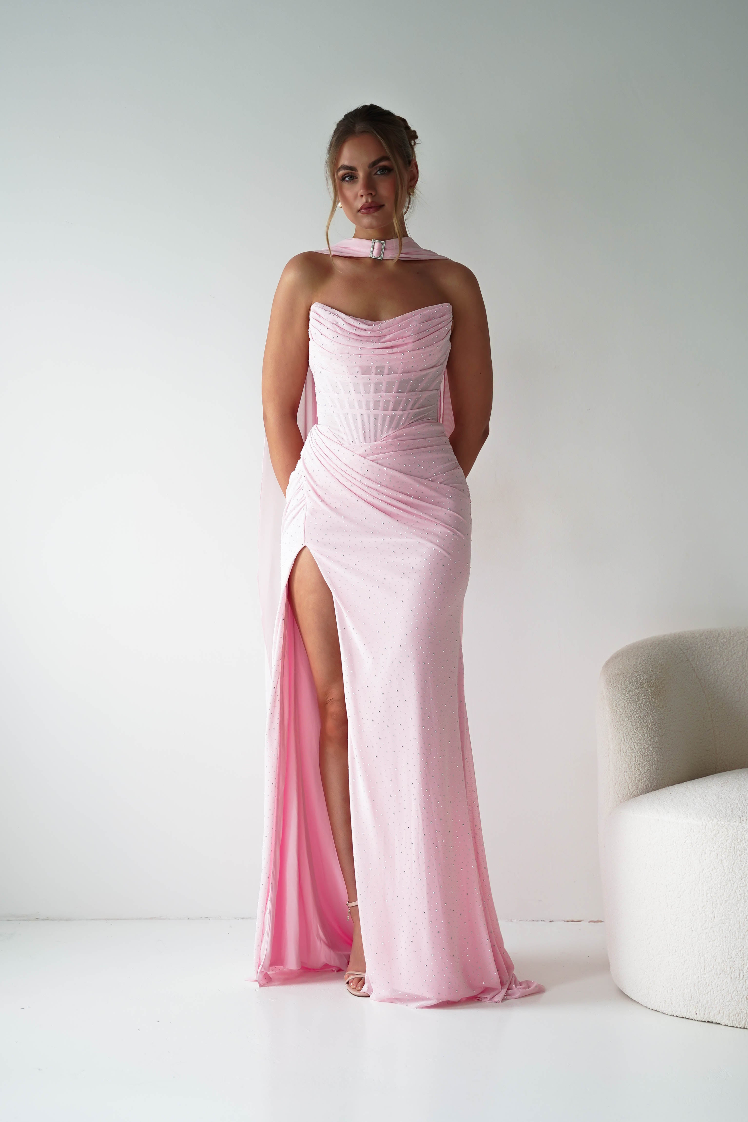 Oh Hello Clothing Dresses > Prom Dresses Diana Draped Strapless Rhinestone Gown | Pink