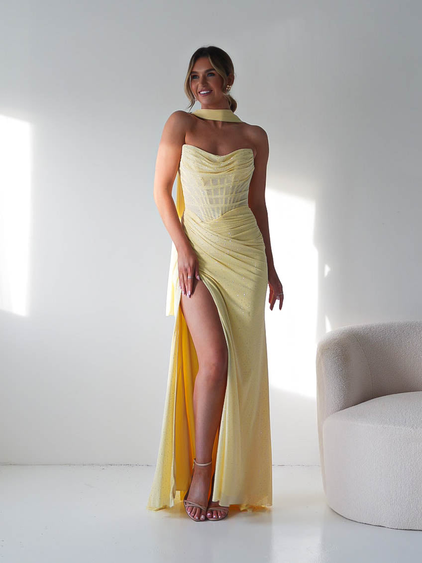 Oh Hello Clothing Dresses > Prom Dresses Diana Draped Strapless Rhinestone Gown | Yellow