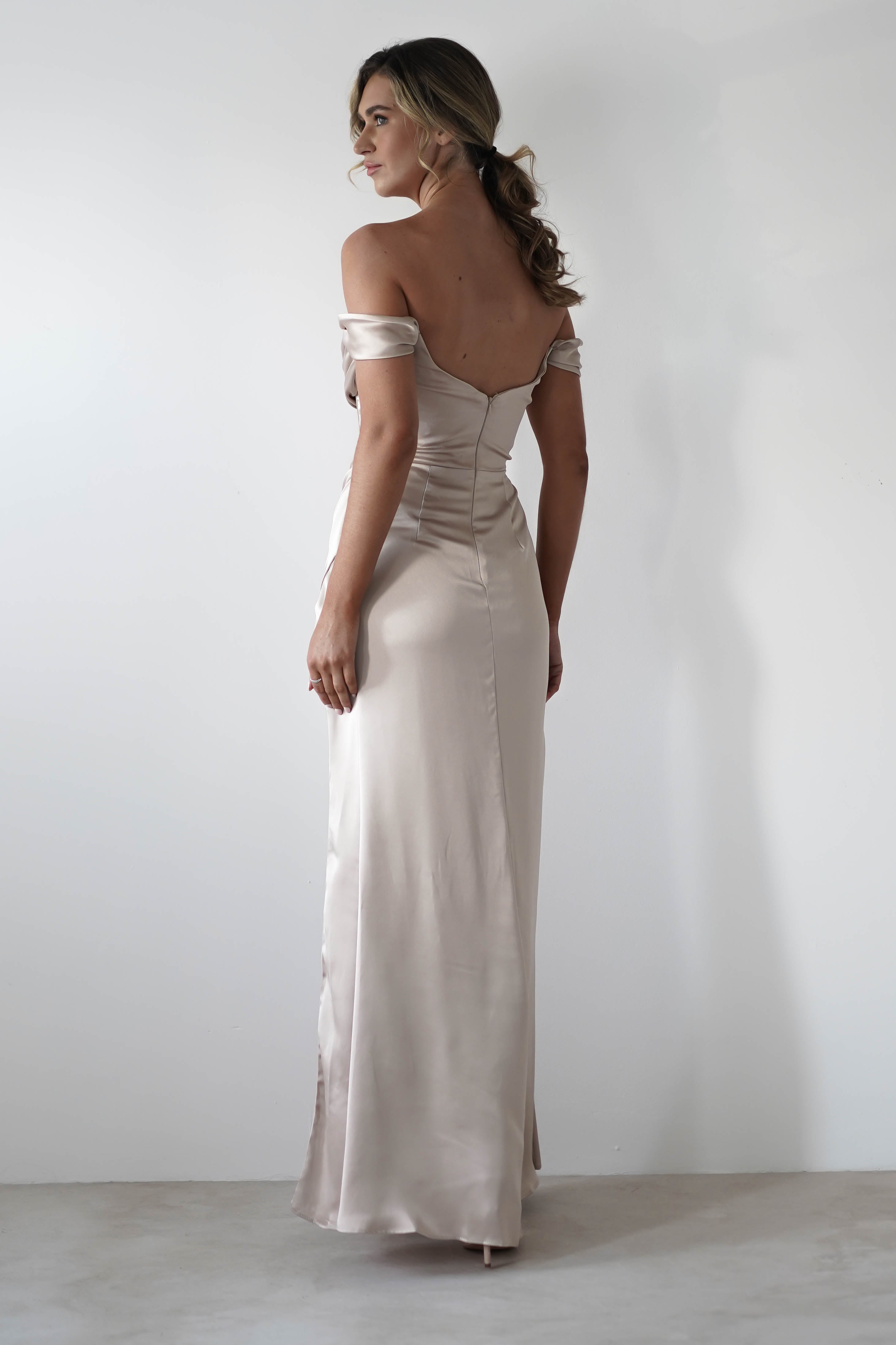 Dionne Soft Coset Maxi Gown | Champagne | Debs & Prom | Formal Gown | Oh Hello Clothing