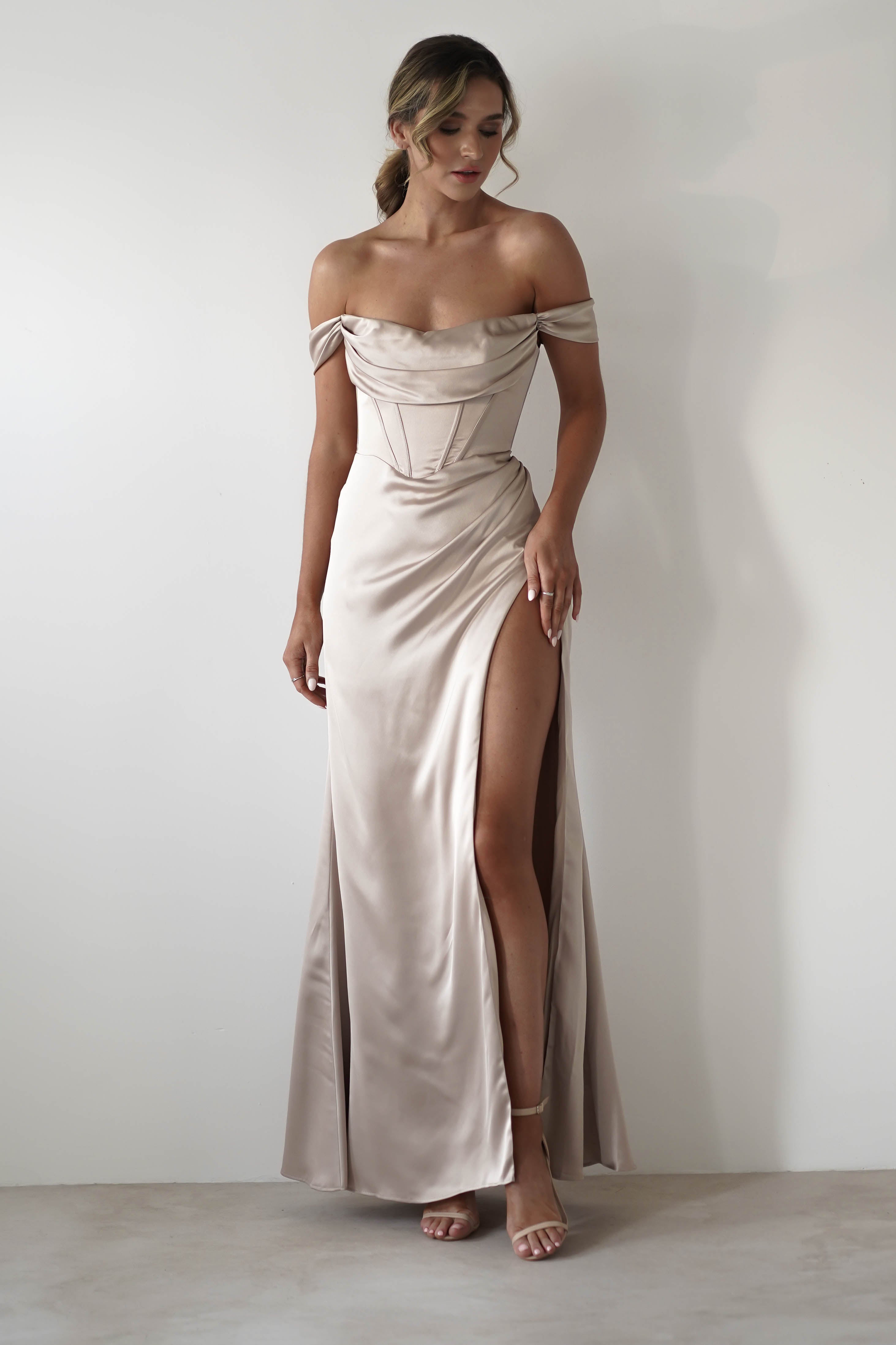 Dionne Soft Coset Maxi Gown | Champagne | Debs & Prom | Formal Gown | Oh Hello Clothing