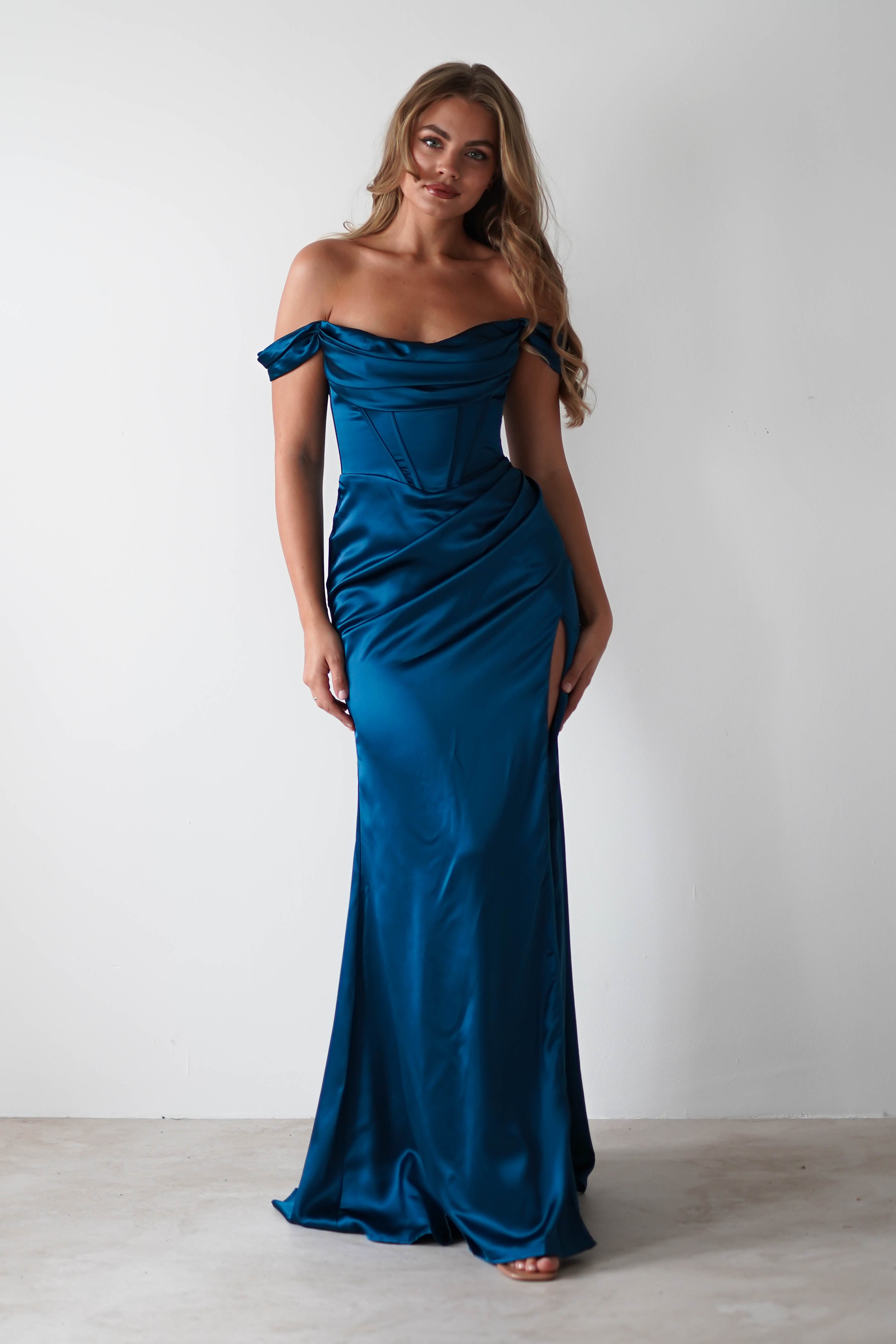 Dionne Soft Coset Maxi Gown | French Navy | Debs & Prom | Formal Gown | Oh Hello Clothing