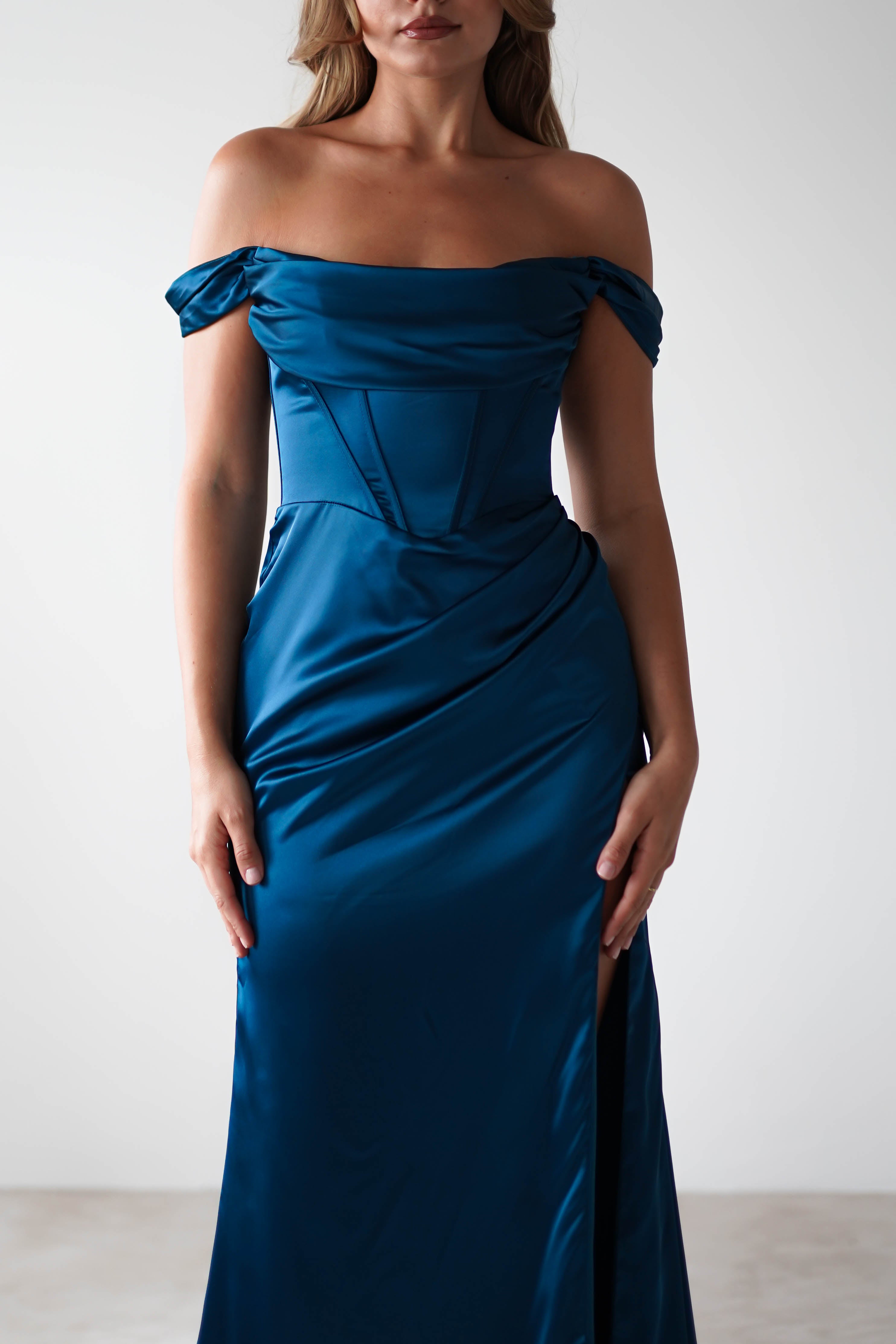Dionne Soft Coset Maxi Gown | French Navy | Debs & Prom | Formal Gown | Oh Hello Clothing