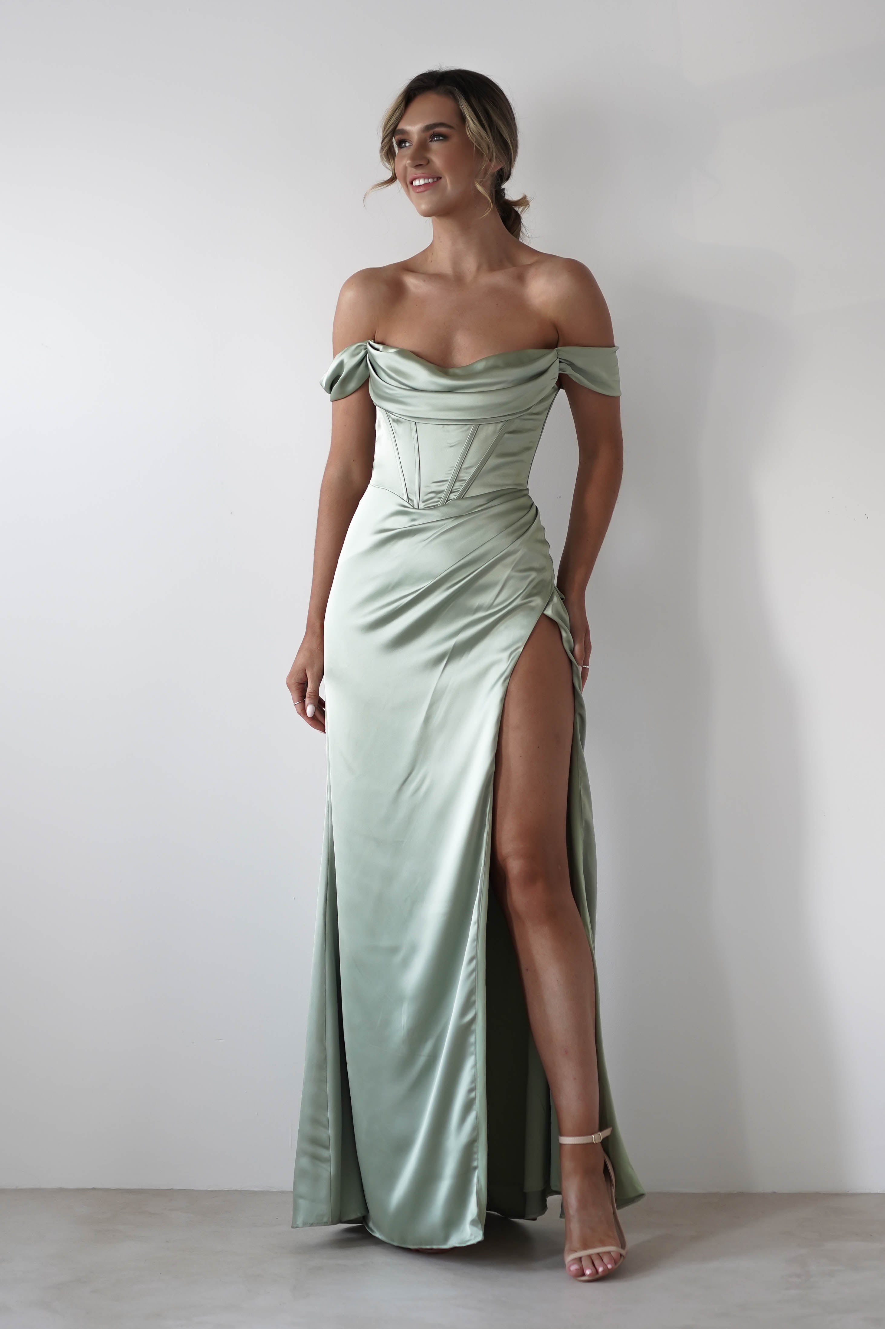 Dionne Soft Coset Maxi Gown | Sage | Debs & Prom | Formal Gown | Oh Hello Clothing