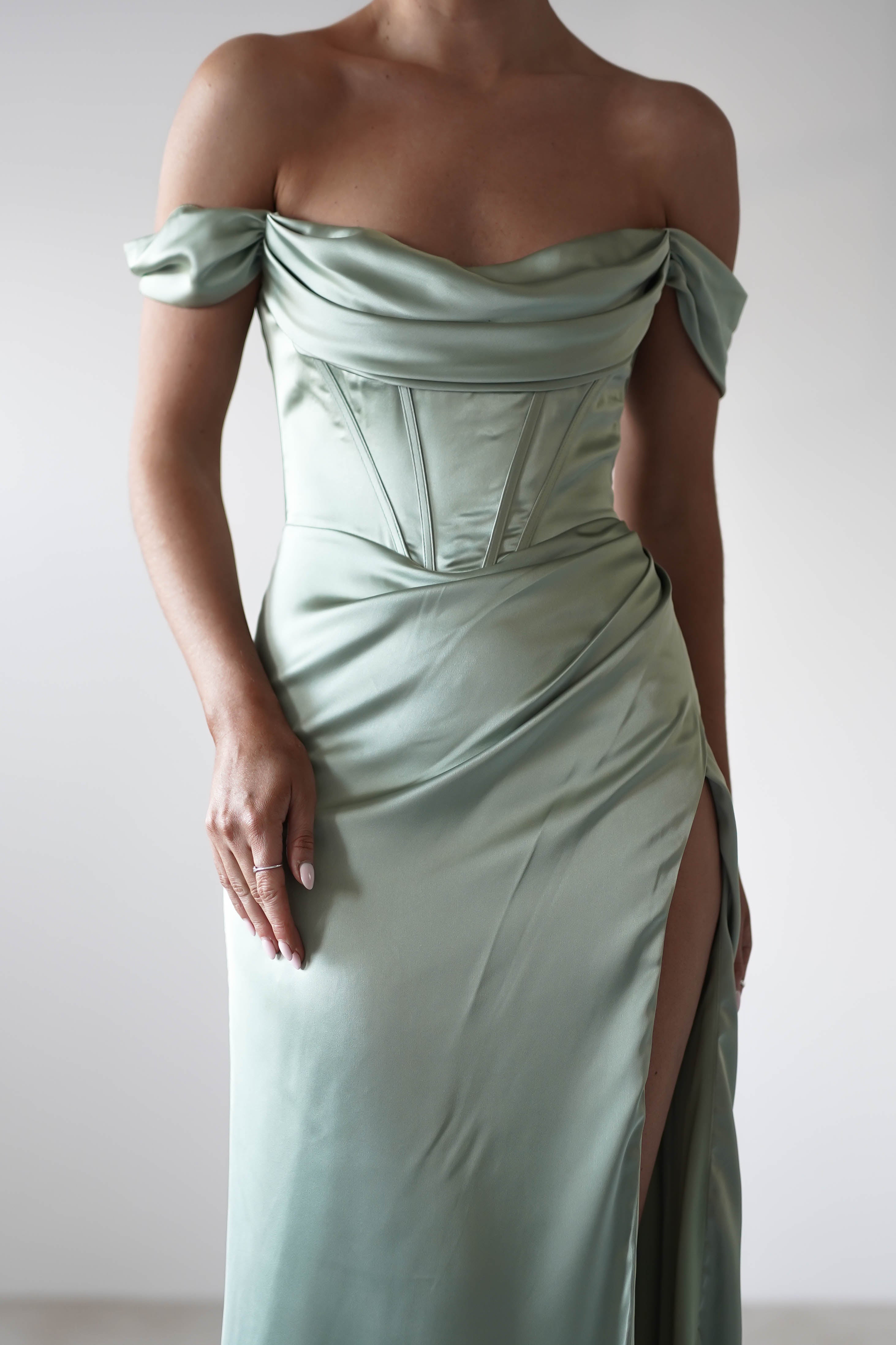 Dionne Soft Coset Maxi Gown | Sage | Debs & Prom | Formal Gown | Oh Hello Clothing