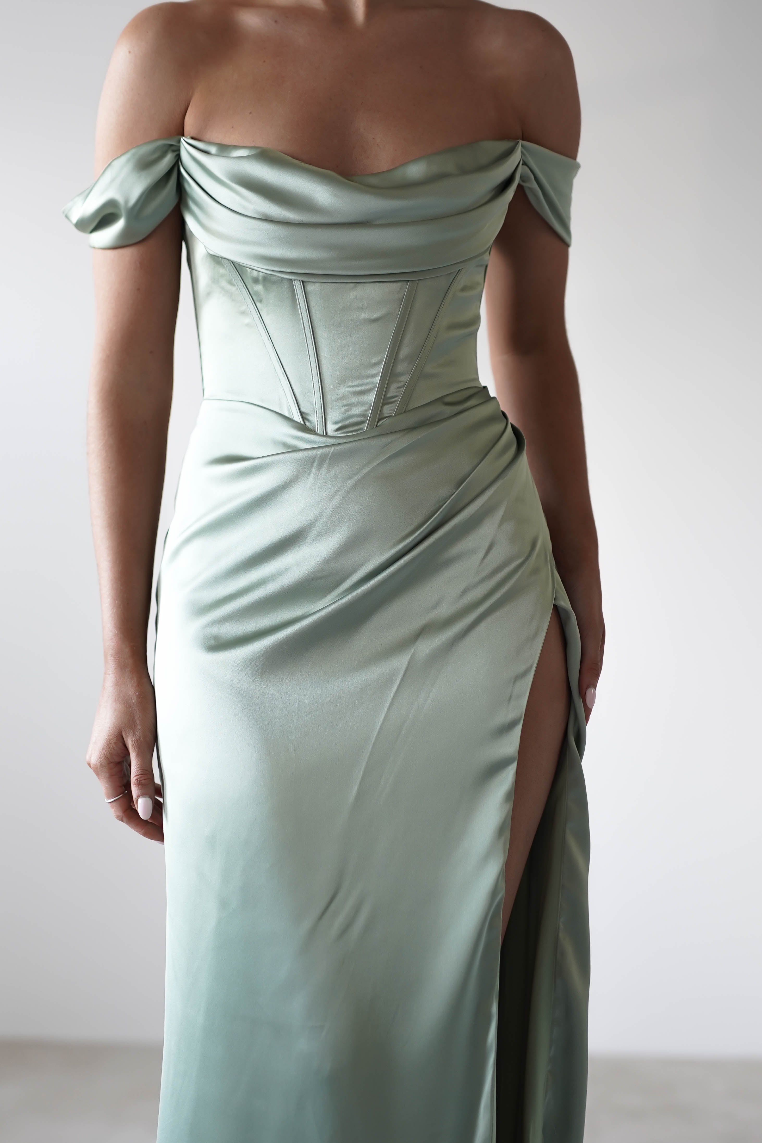 Dionne Soft Coset Maxi Gown | Sage | Debs & Prom | Formal Gown | Oh Hello Clothing
