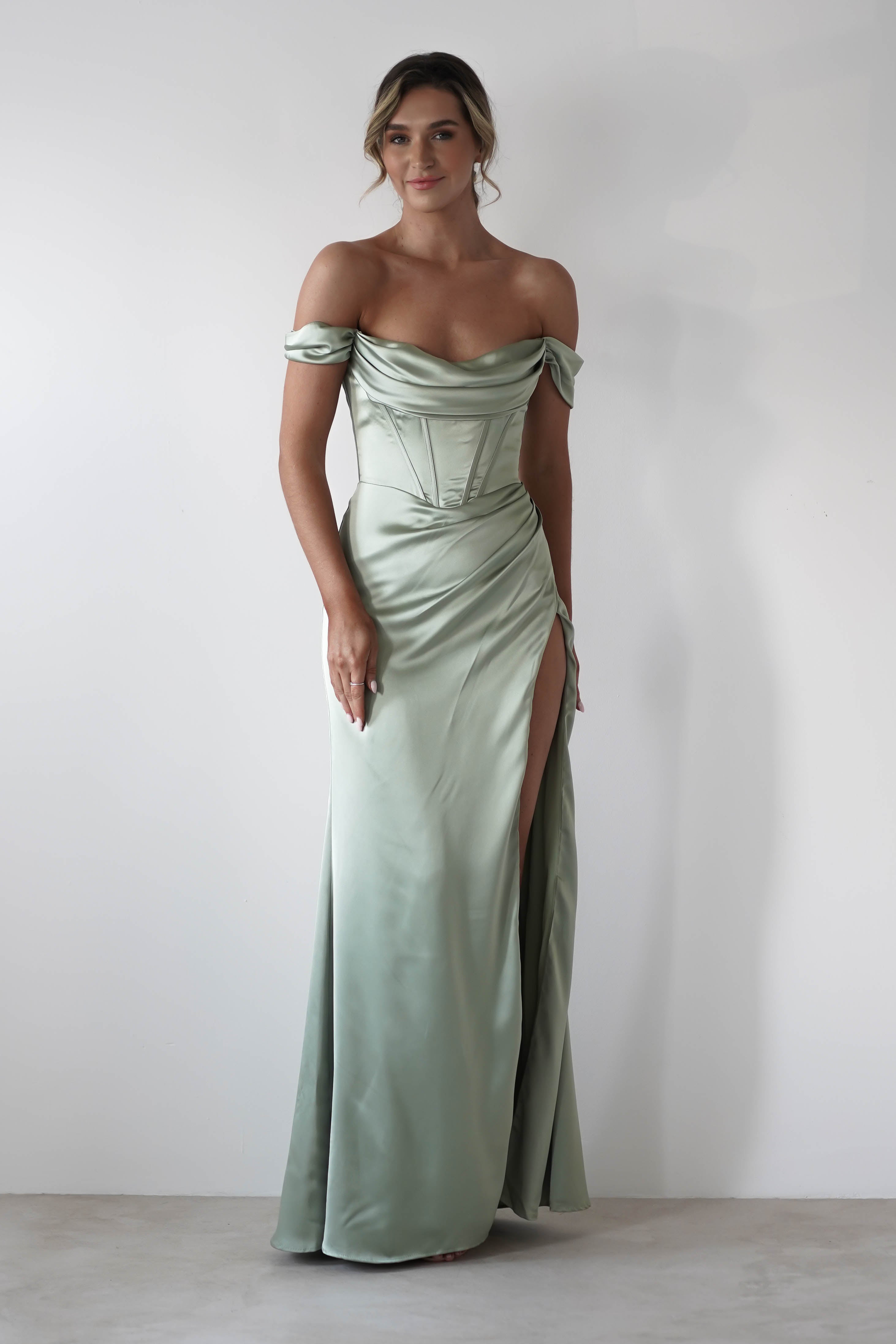 Dionne Soft Coset Maxi Gown | Sage | Debs & Prom | Formal Gown | Oh Hello Clothing
