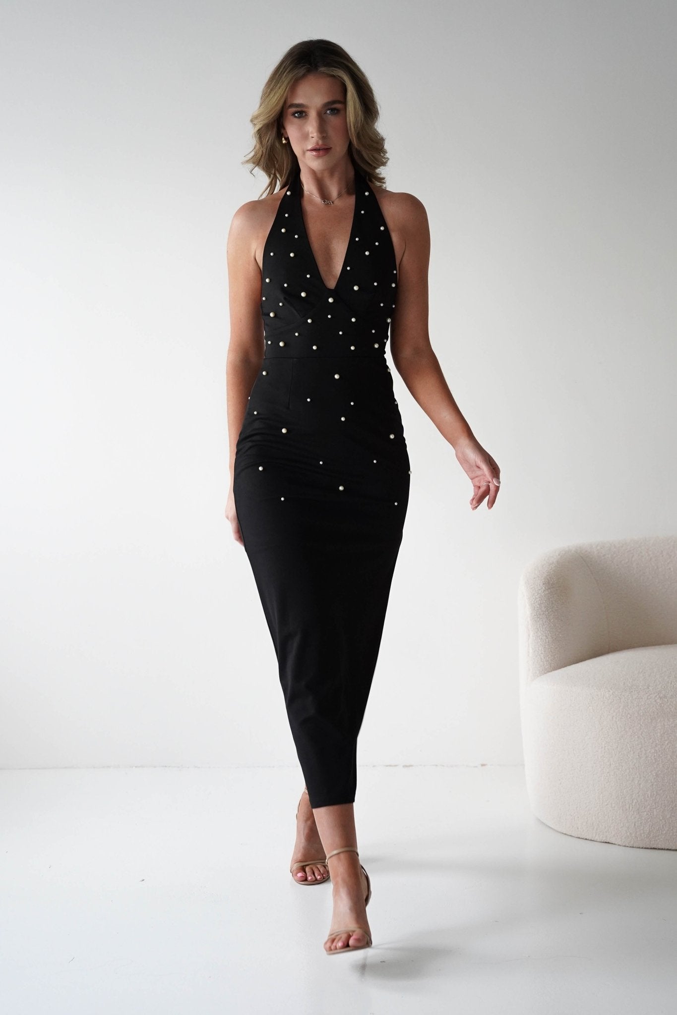 Dobrev Pearl Detail Bodycon Midi Dress | Black | Black Tie Dress | Graduation | Oh Hello Clothing