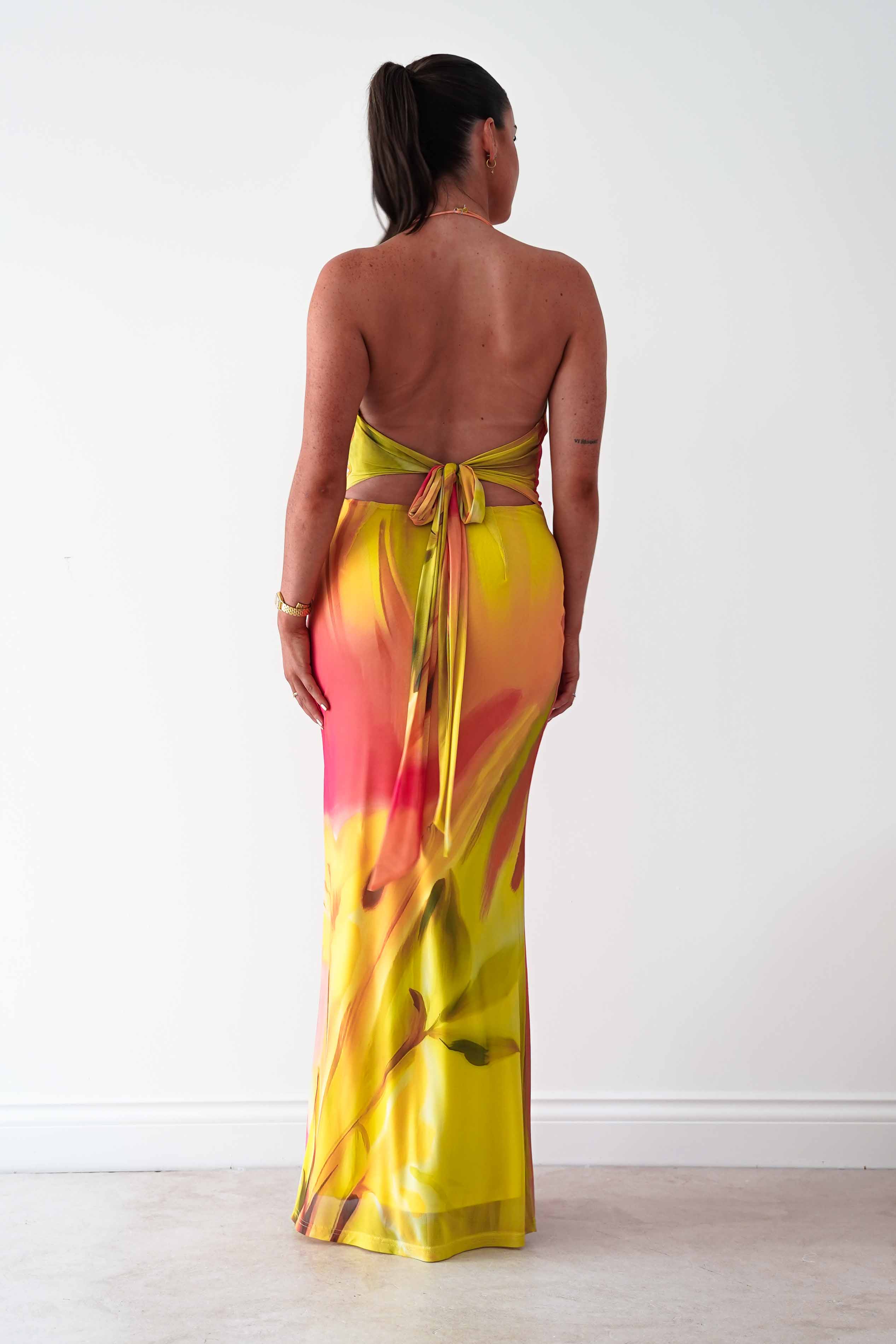Oh Hello Clothing Women > Clothing > Dresses Doja Abstract Print Halterneck Maxi Dress | Sunset
