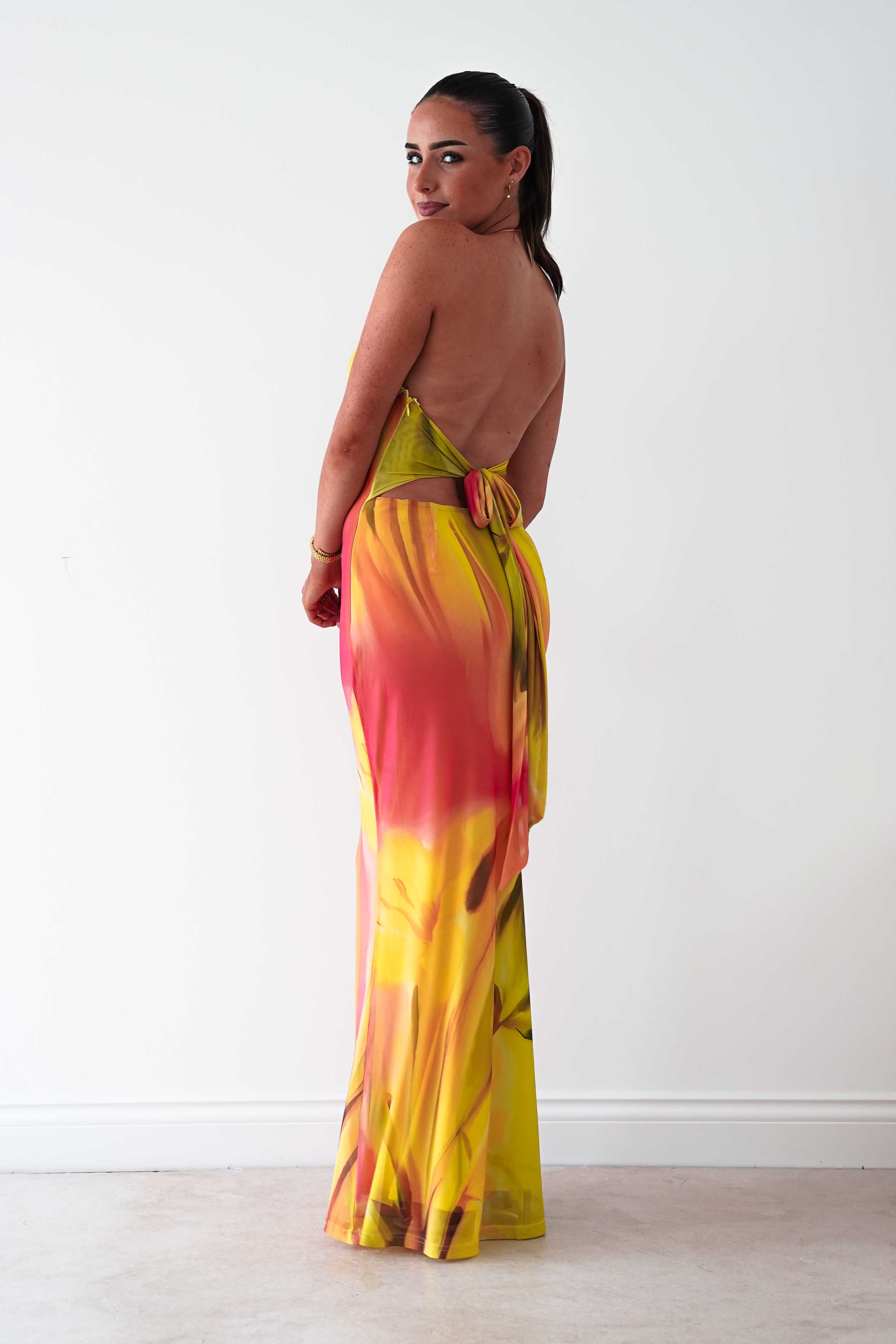 Oh Hello Clothing Women > Clothing > Dresses Doja Abstract Print Halterneck Maxi Dress | Sunset