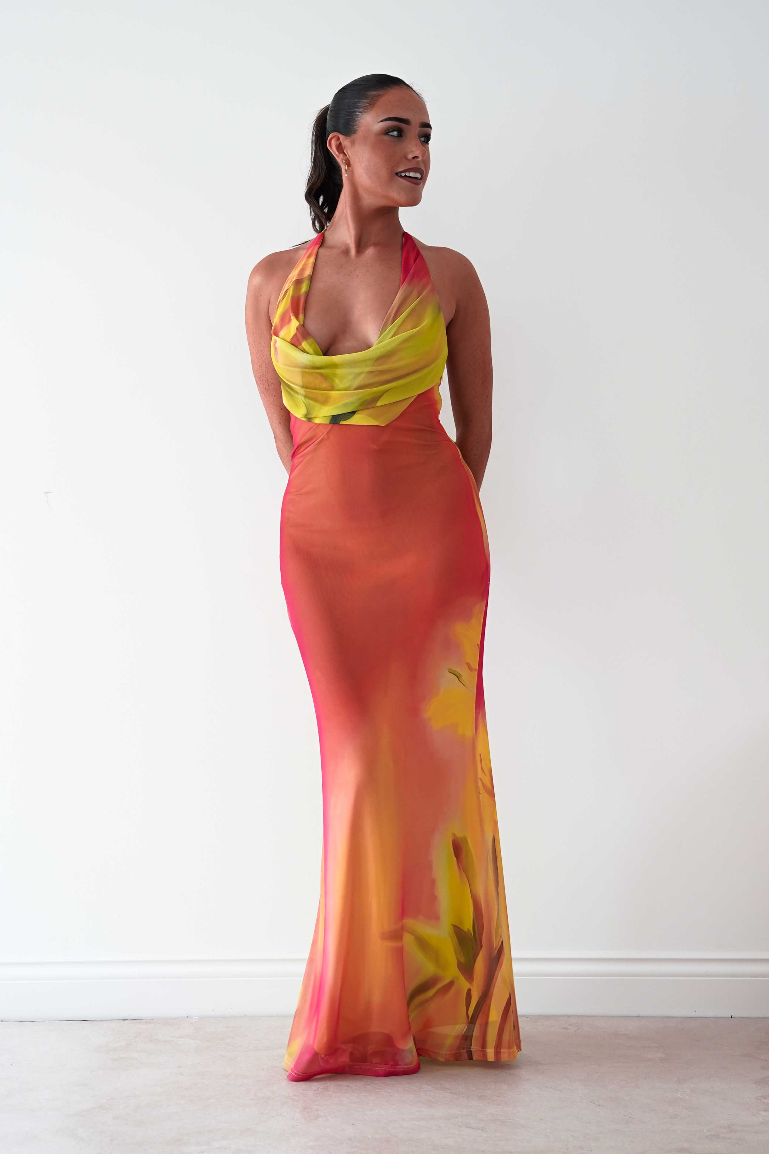 Oh Hello Clothing Women > Clothing > Dresses Doja Abstract Print Halterneck Maxi Dress | Sunset
