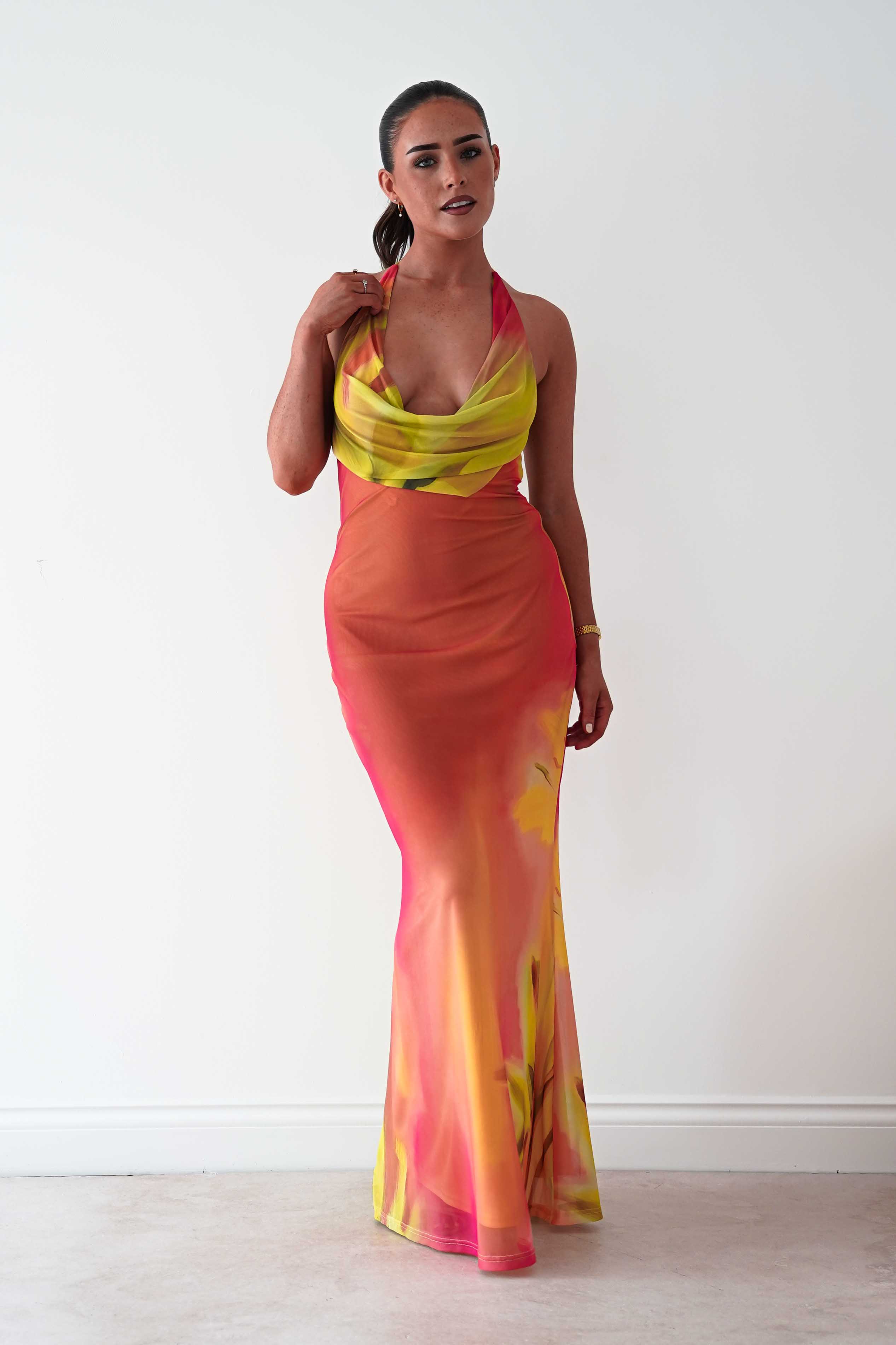 Oh Hello Clothing Women > Clothing > Dresses Doja Abstract Print Halterneck Maxi Dress | Sunset