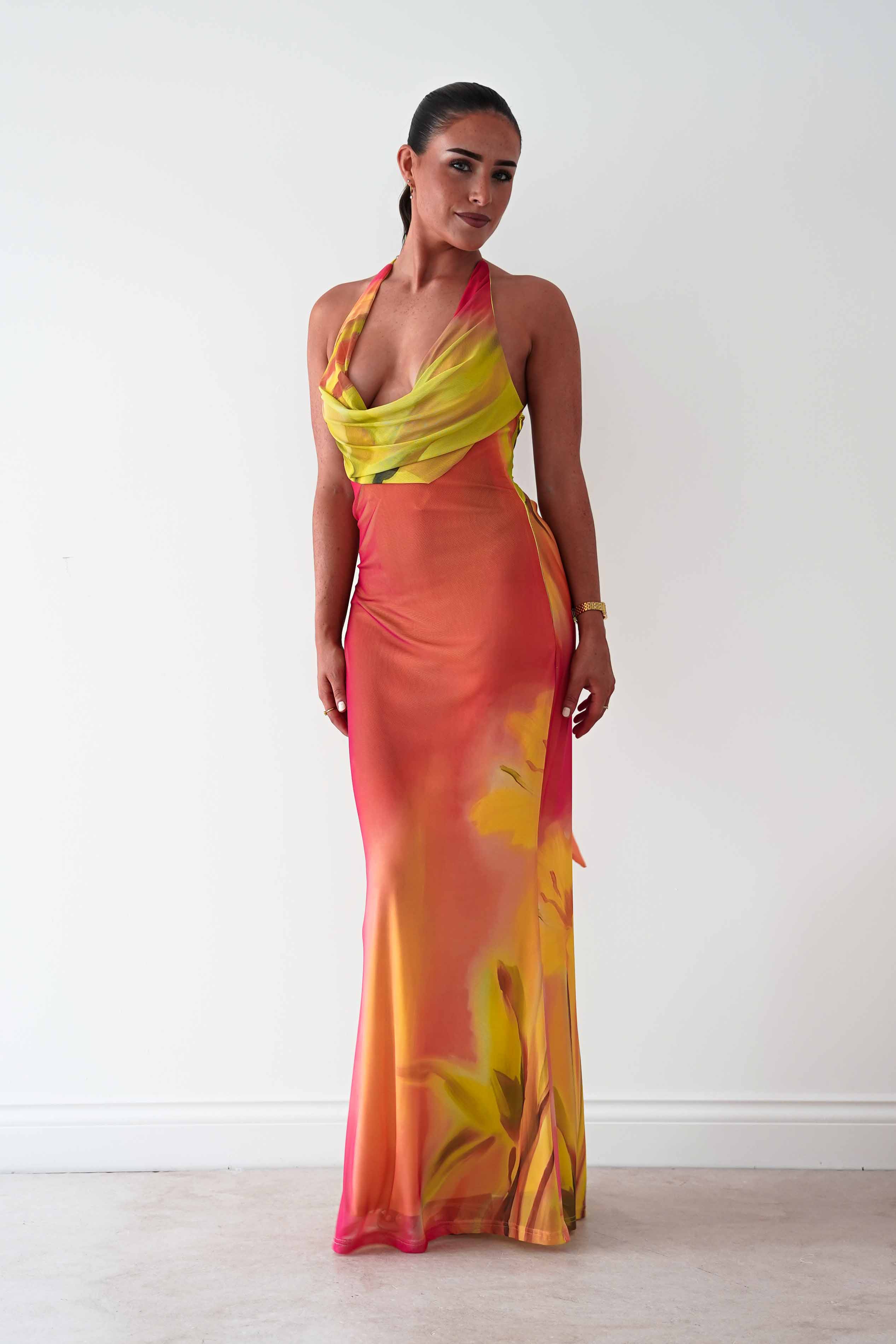 Oh Hello Clothing Women > Clothing > Dresses Doja Abstract Print Halterneck Maxi Dress | Sunset