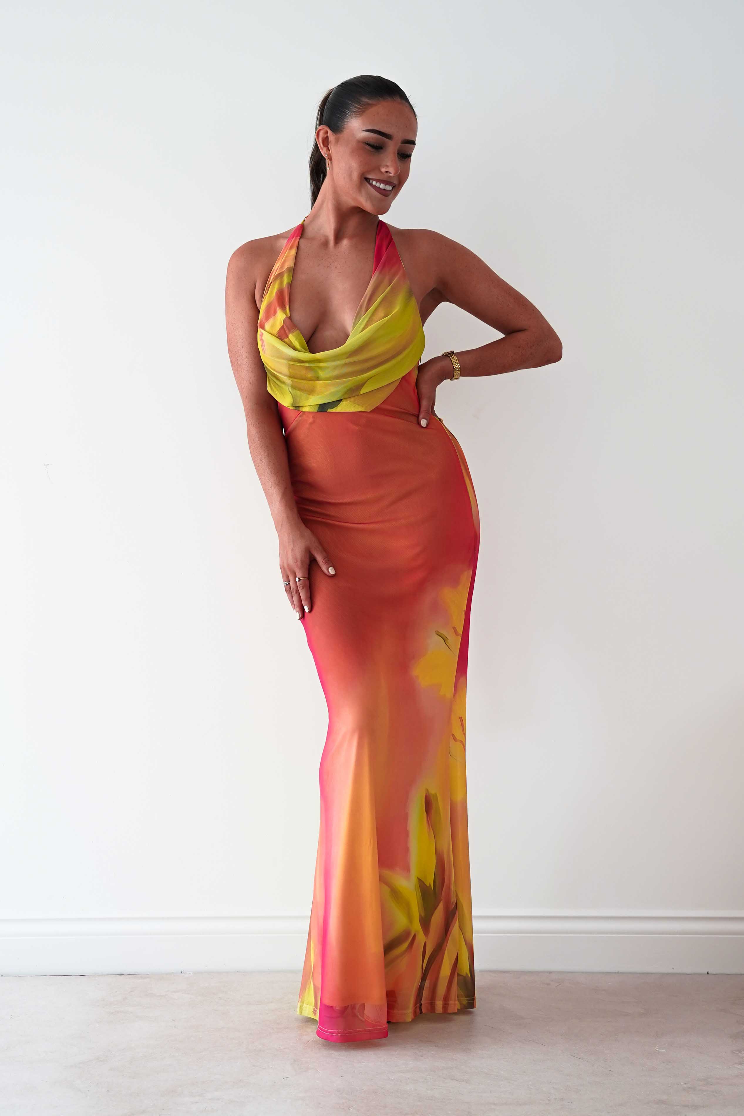 Oh Hello Clothing Women > Clothing > Dresses Doja Abstract Print Halterneck Maxi Dress | Sunset