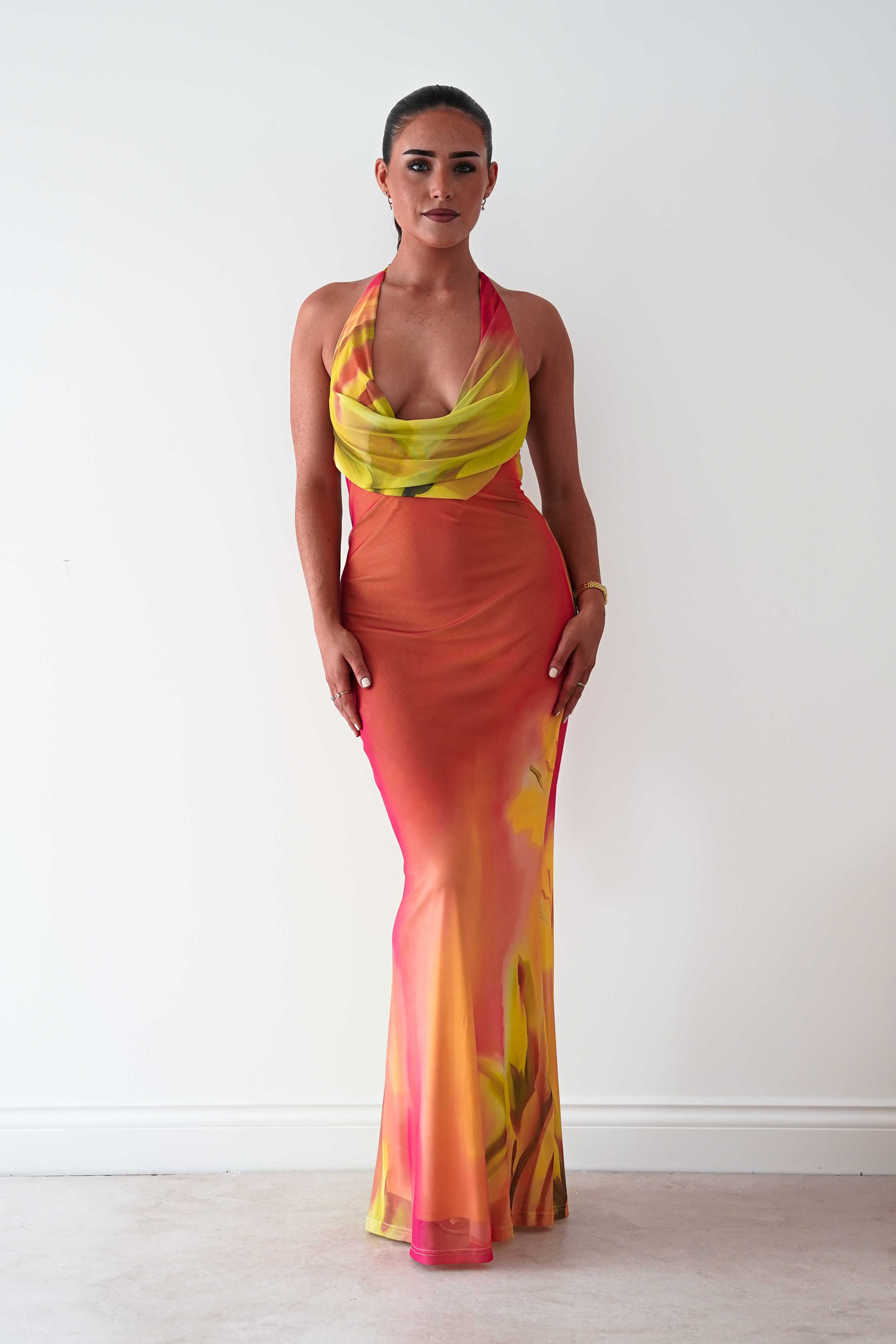 Oh Hello Clothing Women > Clothing > Dresses Doja Abstract Print Halterneck Maxi Dress | Sunset