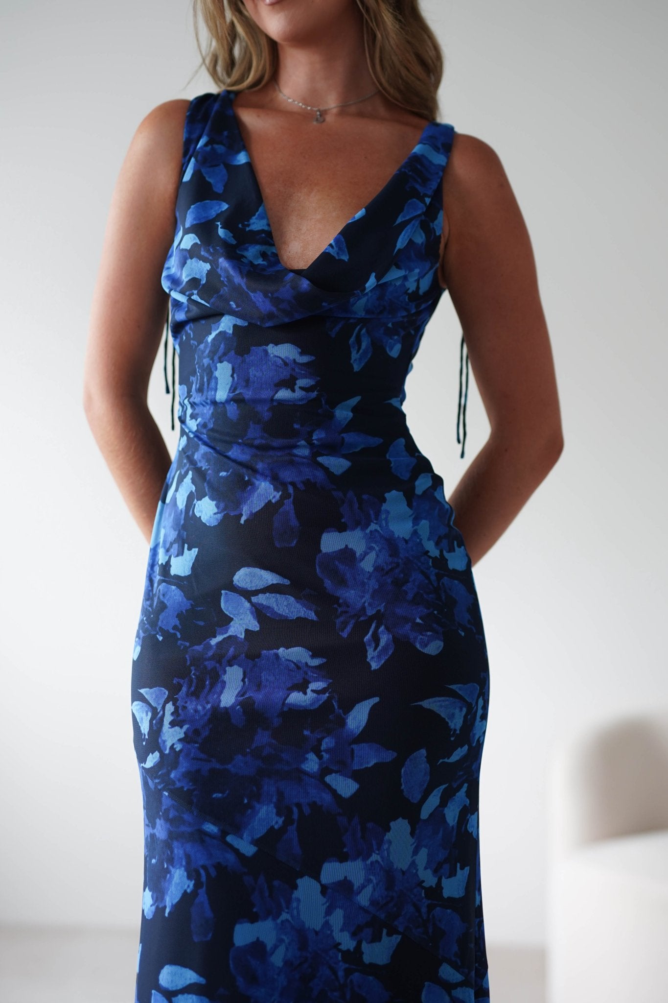 Donatella Mesh Floral Maxi Dress Blue Print | Wedding Guest Dress | Maxi | Mesh | Oh Hello Clothing