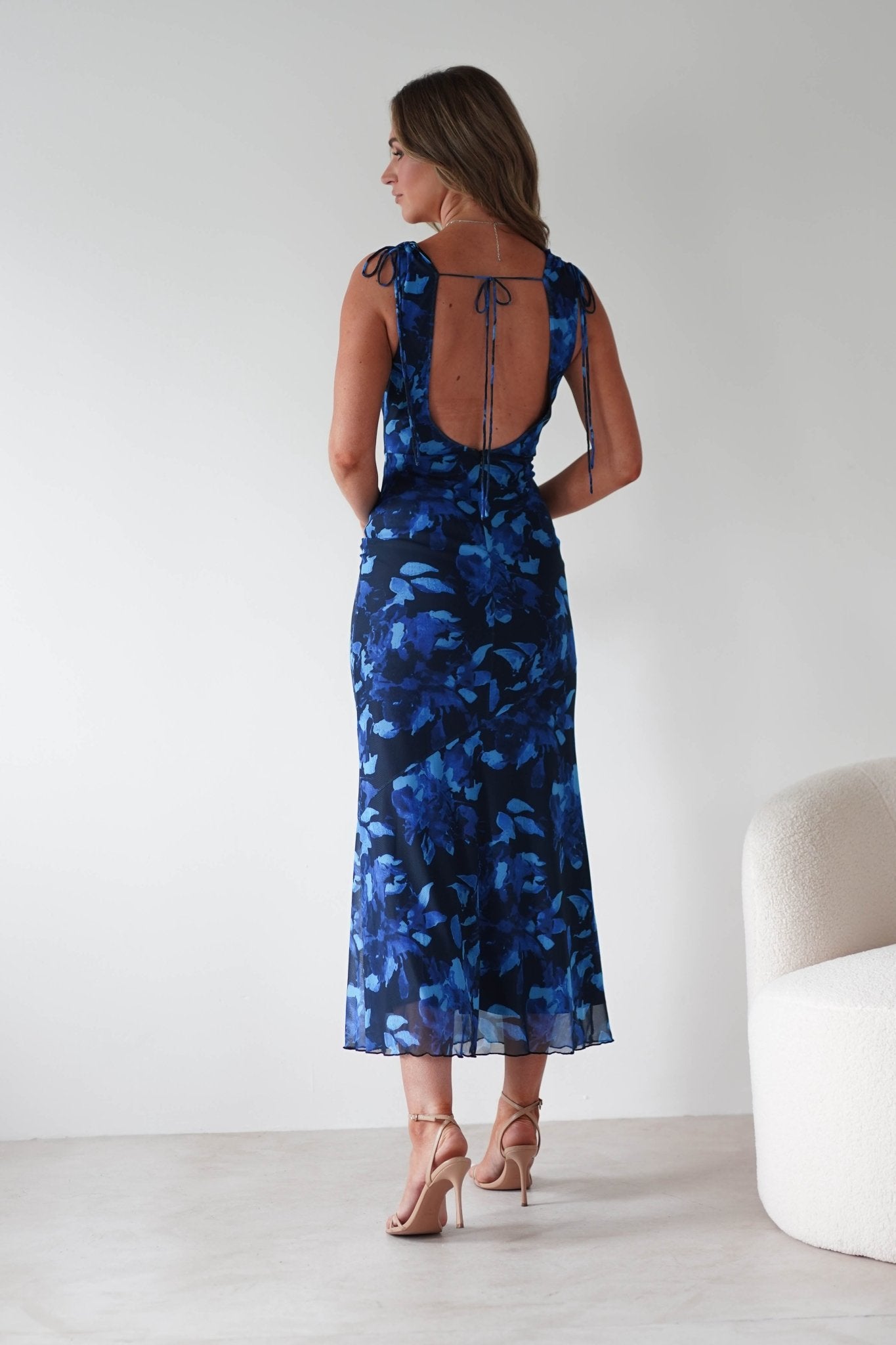 Donatella Mesh Floral Maxi Dress Blue Print | Wedding Guest Dress | Maxi | Mesh | Oh Hello Clothing