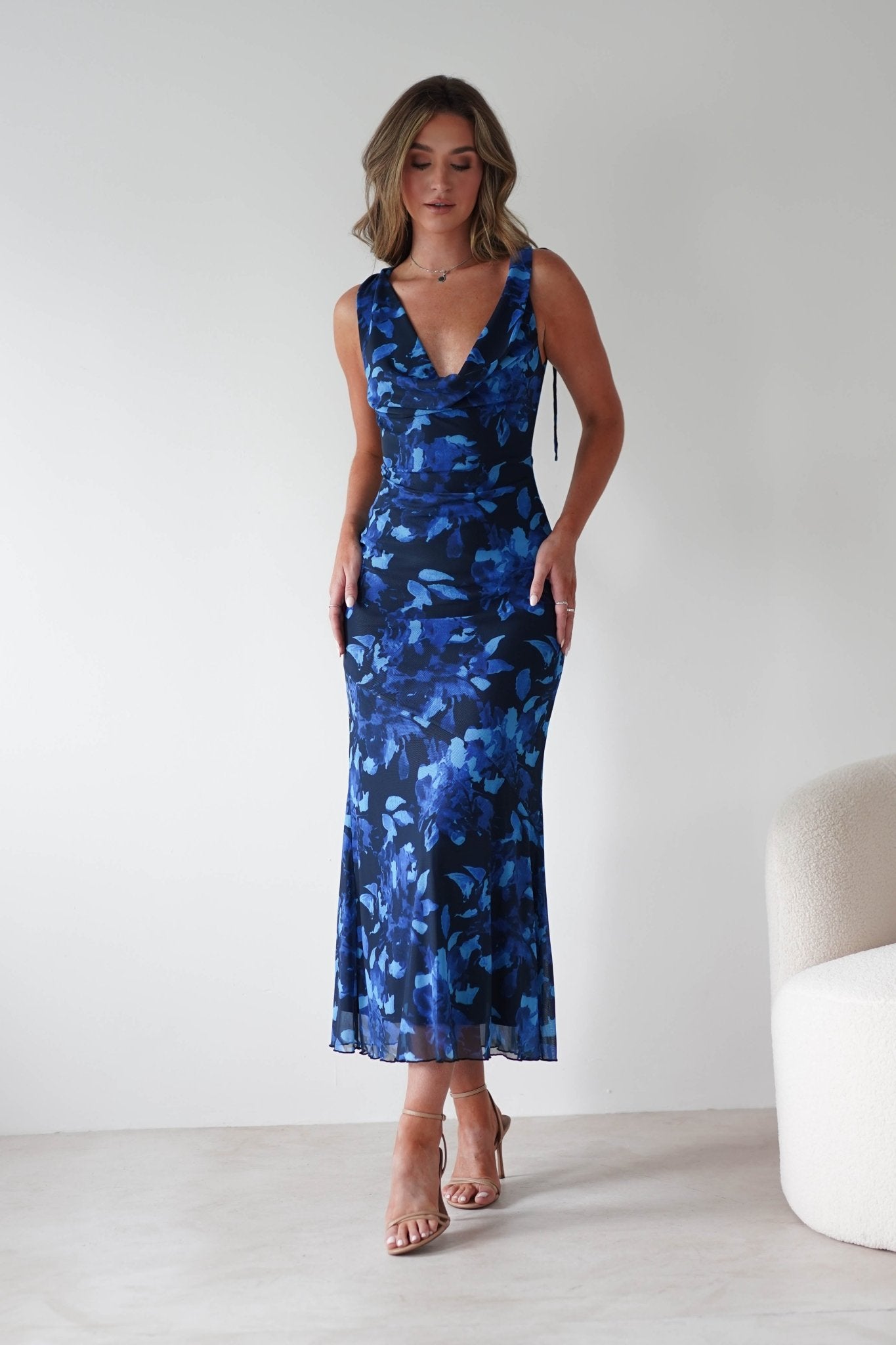 Donatella Mesh Floral Maxi Dress Blue Print | Wedding Guest Dress | Maxi | Mesh | Oh Hello Clothing