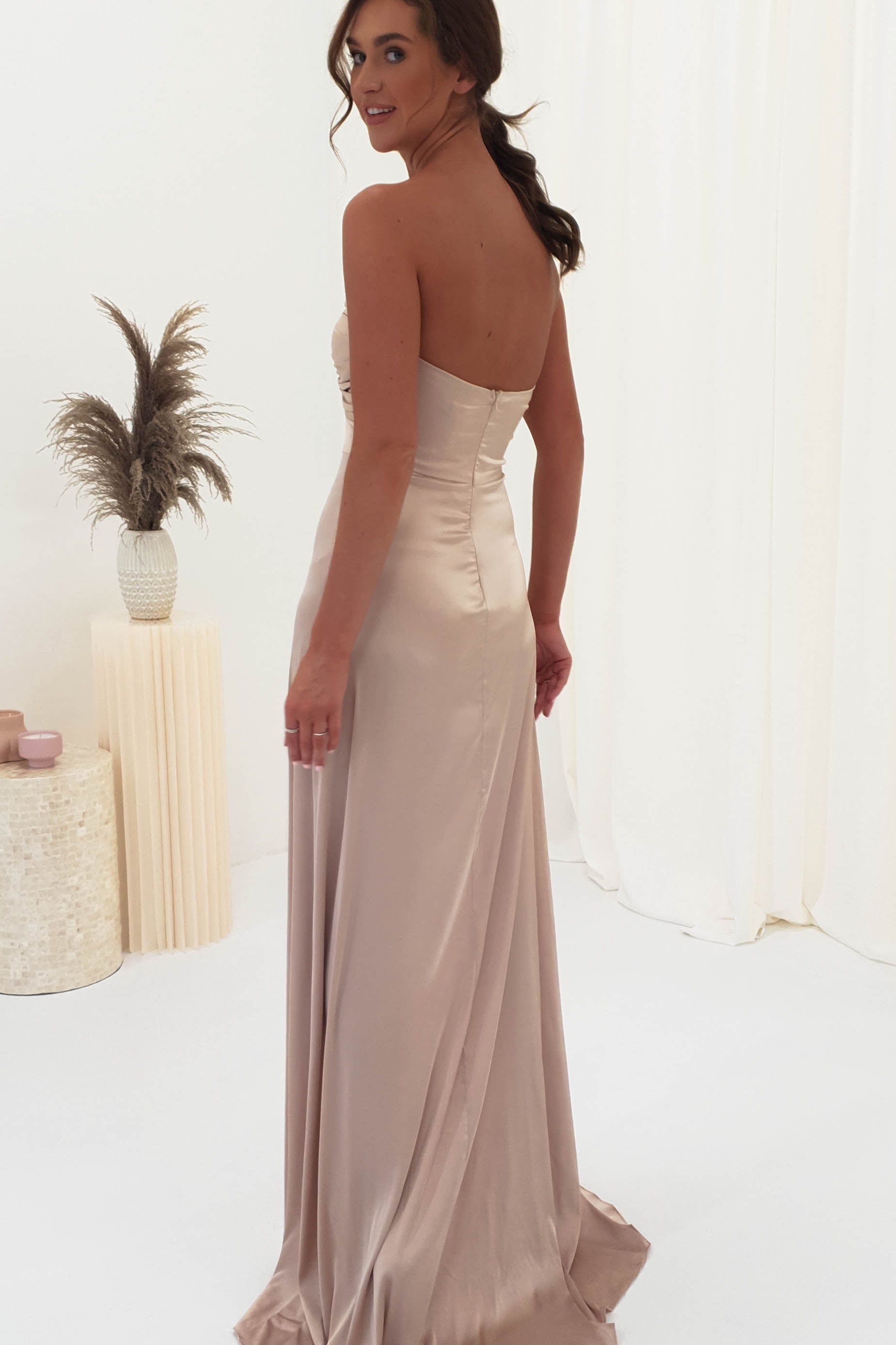 Krysta Soft Satin Long Strapless Gown | Champagne | Debs & Prom | Formal Gown | Oh Hello Clothing