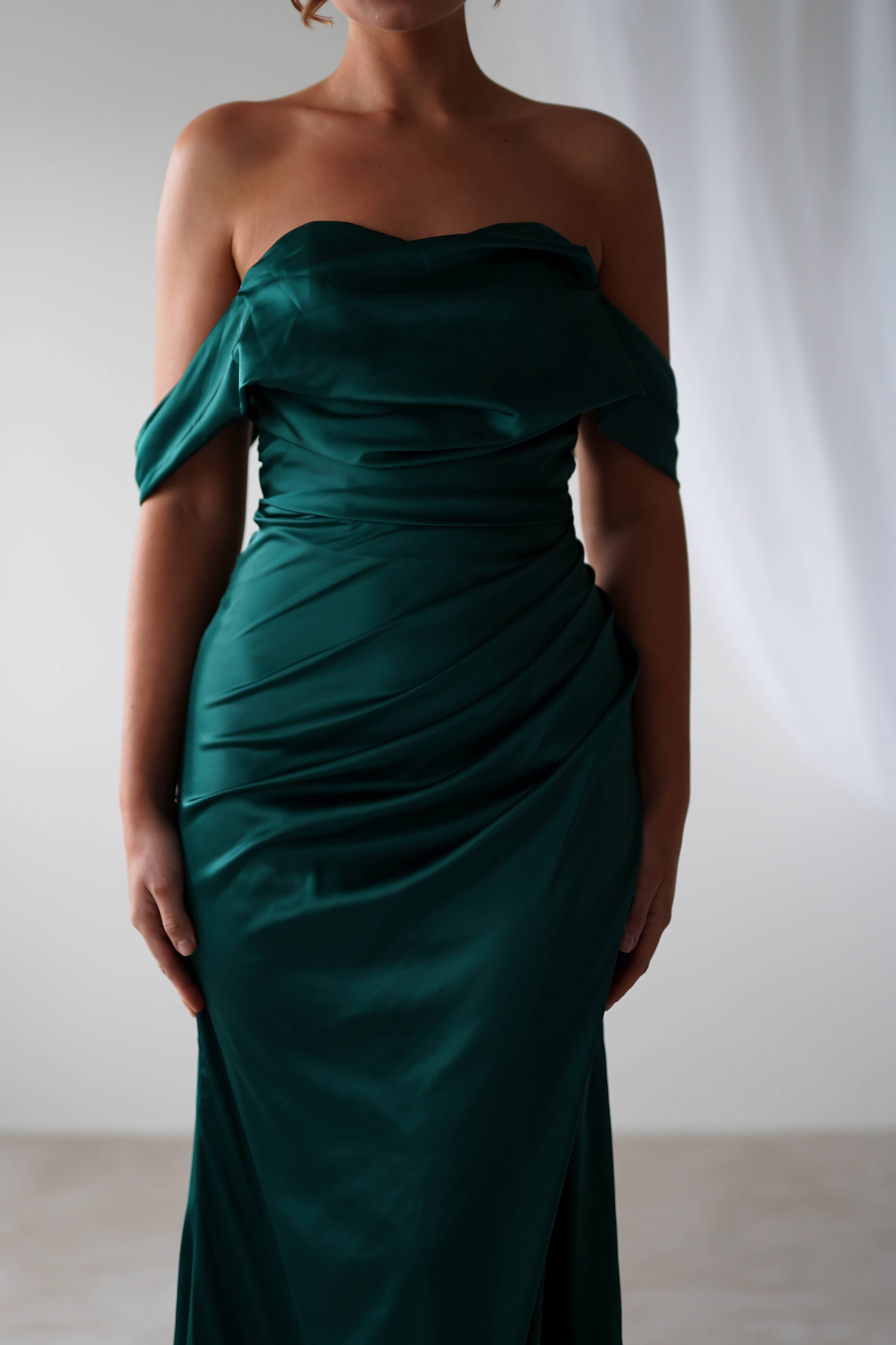 Beth Draped Silky Satin Gown | Green | Debs & Prom | Formal Gown | Oh Hello Clothing