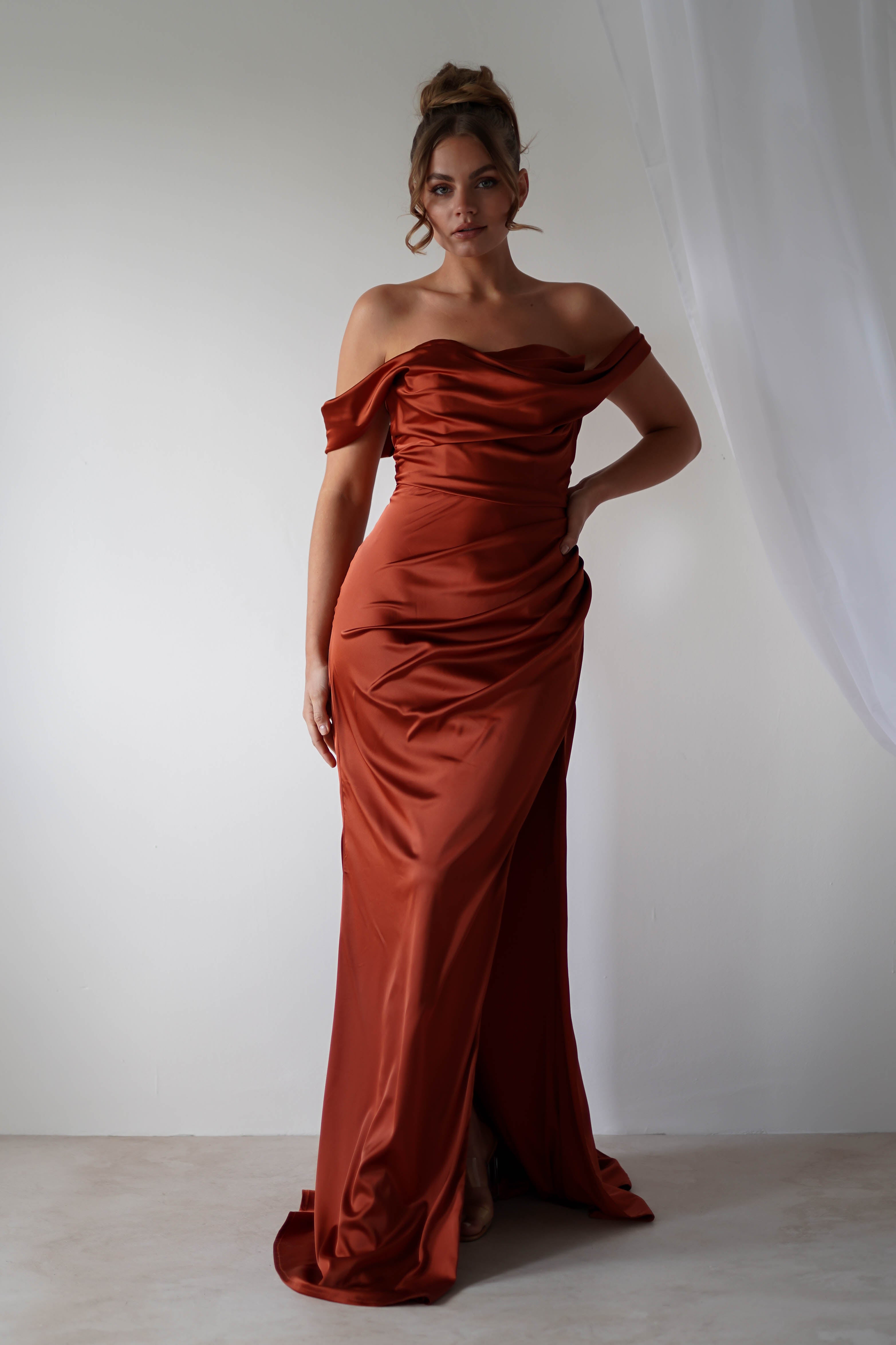 Beth Draped Silky Satin Gown | Rust | Debs & Prom | Formal Gown | Oh Hello Clothing