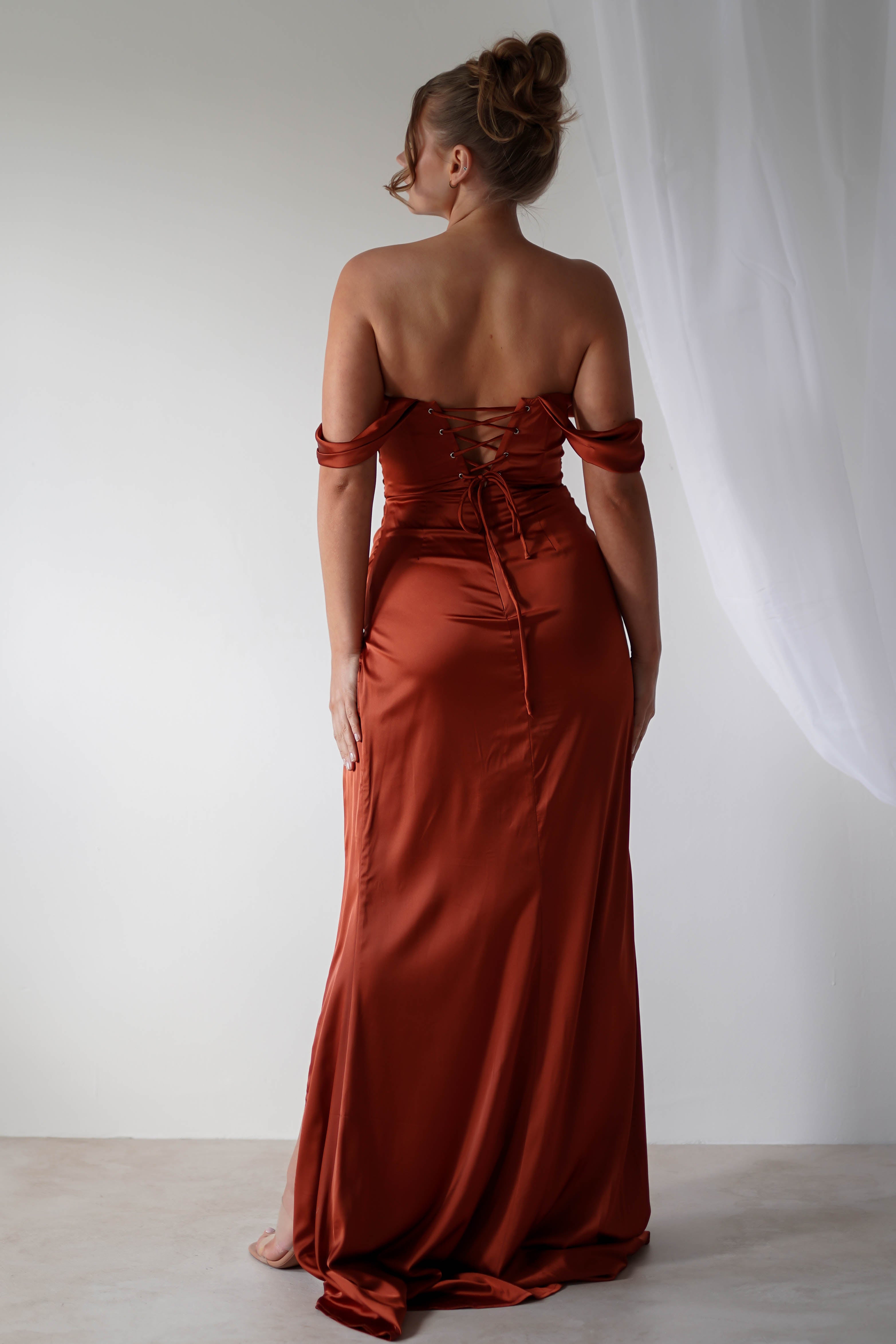 Beth Draped Silky Satin Gown | Rust | Debs & Prom | Formal Gown | Oh Hello Clothing