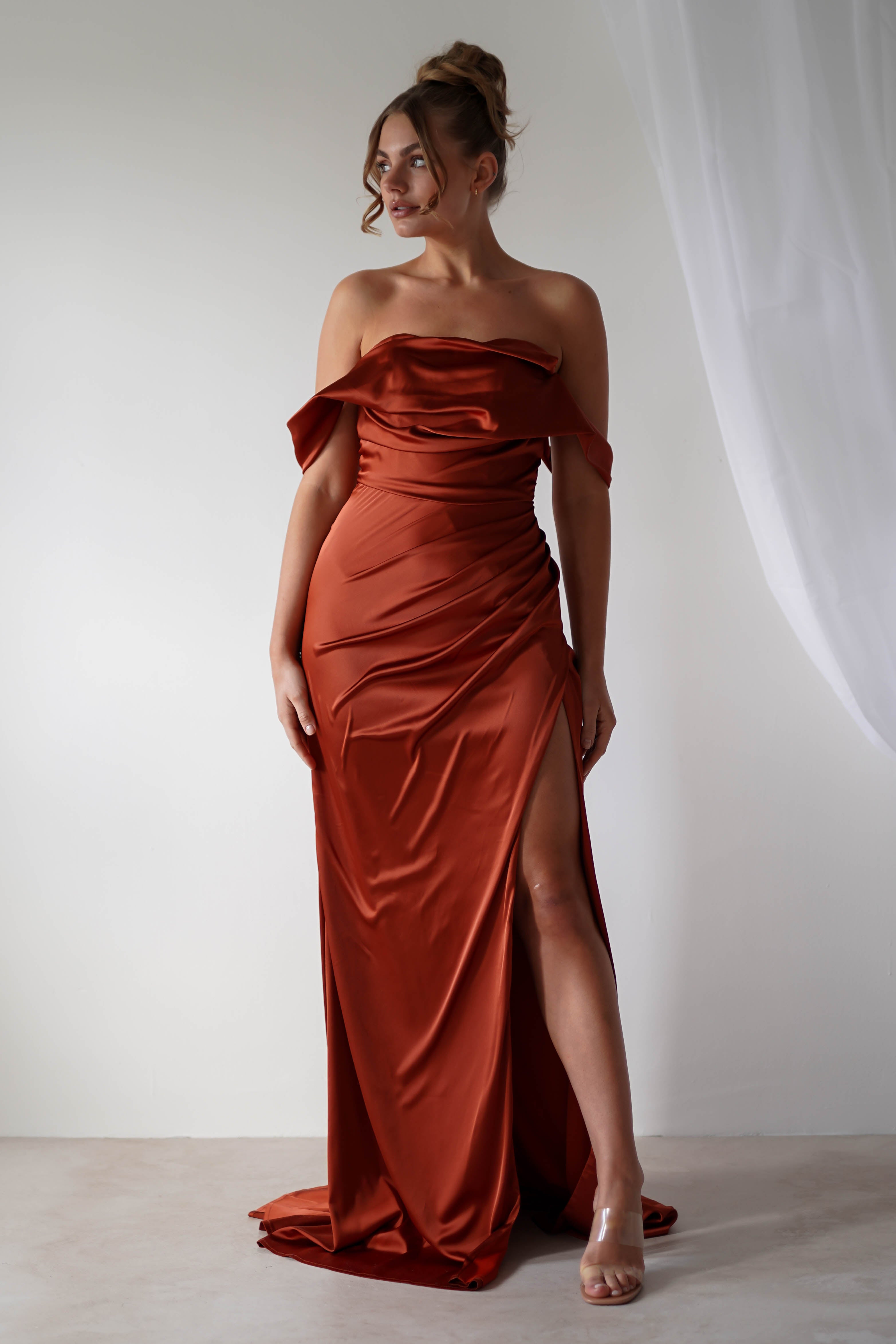 Beth Draped Silky Satin Gown | Rust | Debs & Prom | Formal Gown | Oh Hello Clothing