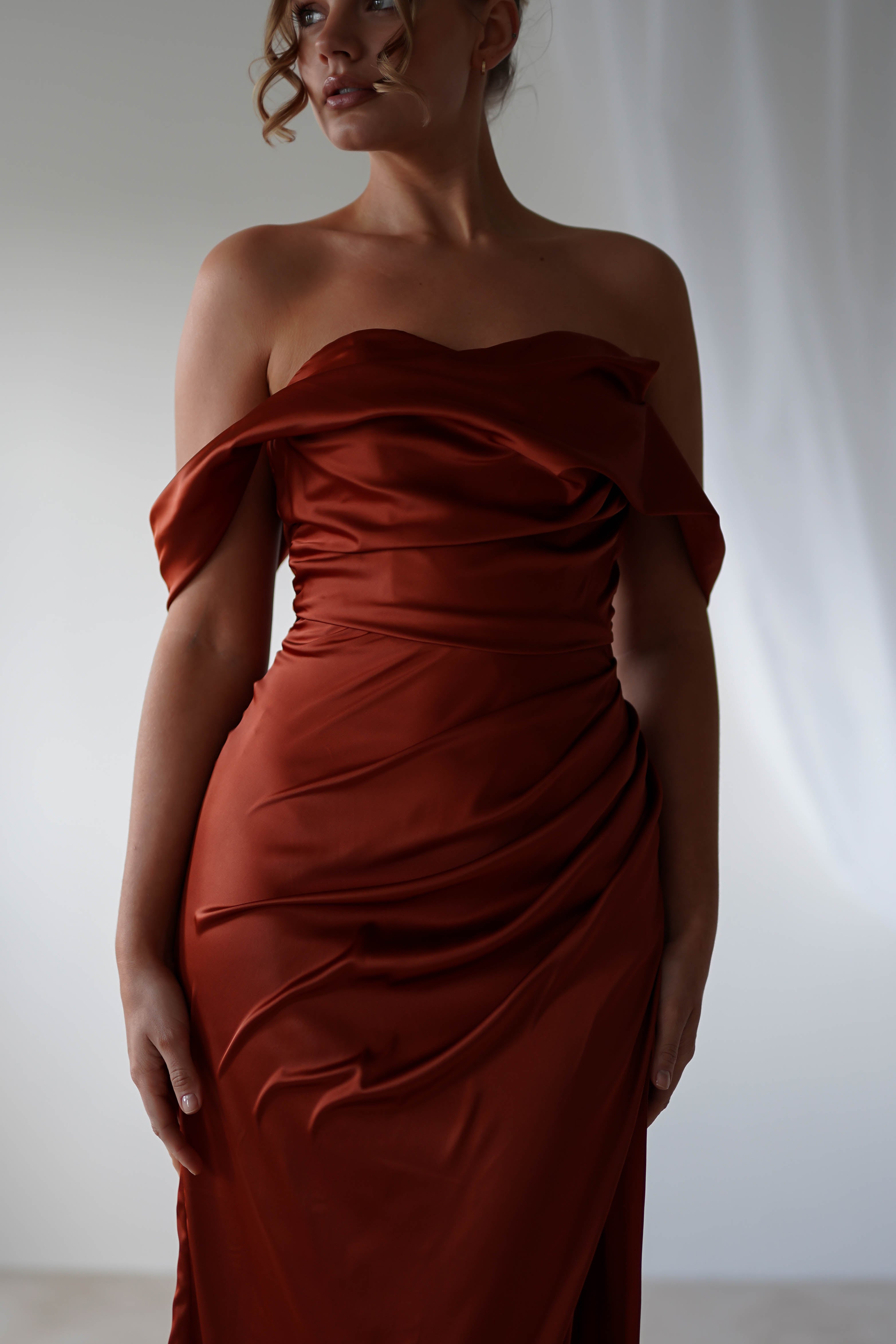 Beth Draped Silky Satin Gown | Rust | Debs & Prom | Formal Gown | Oh Hello Clothing