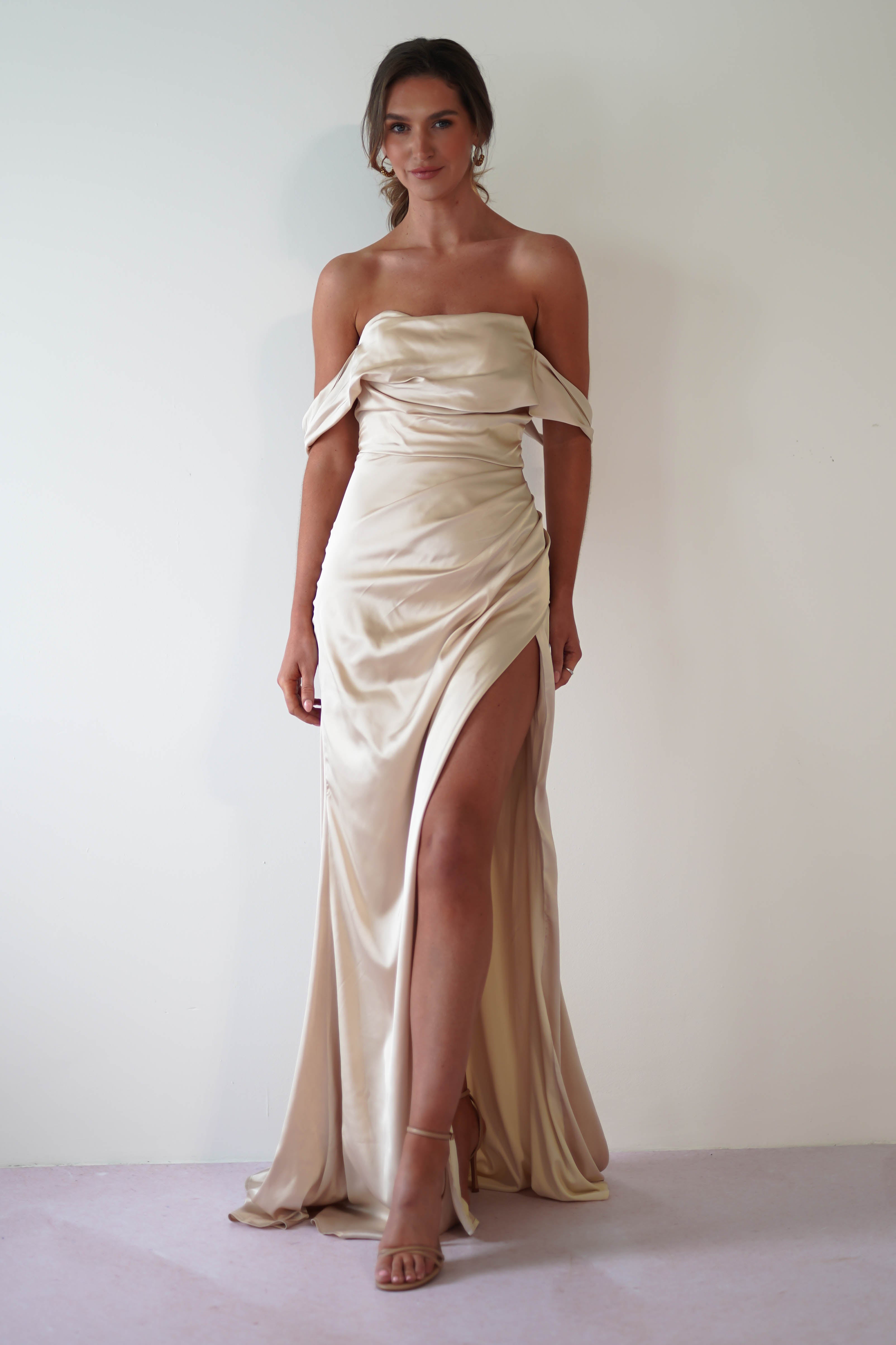 Beth Draped Silky Satin Gown | Champagne | Debs & Prom | Formal Gown | Oh Hello Clothing