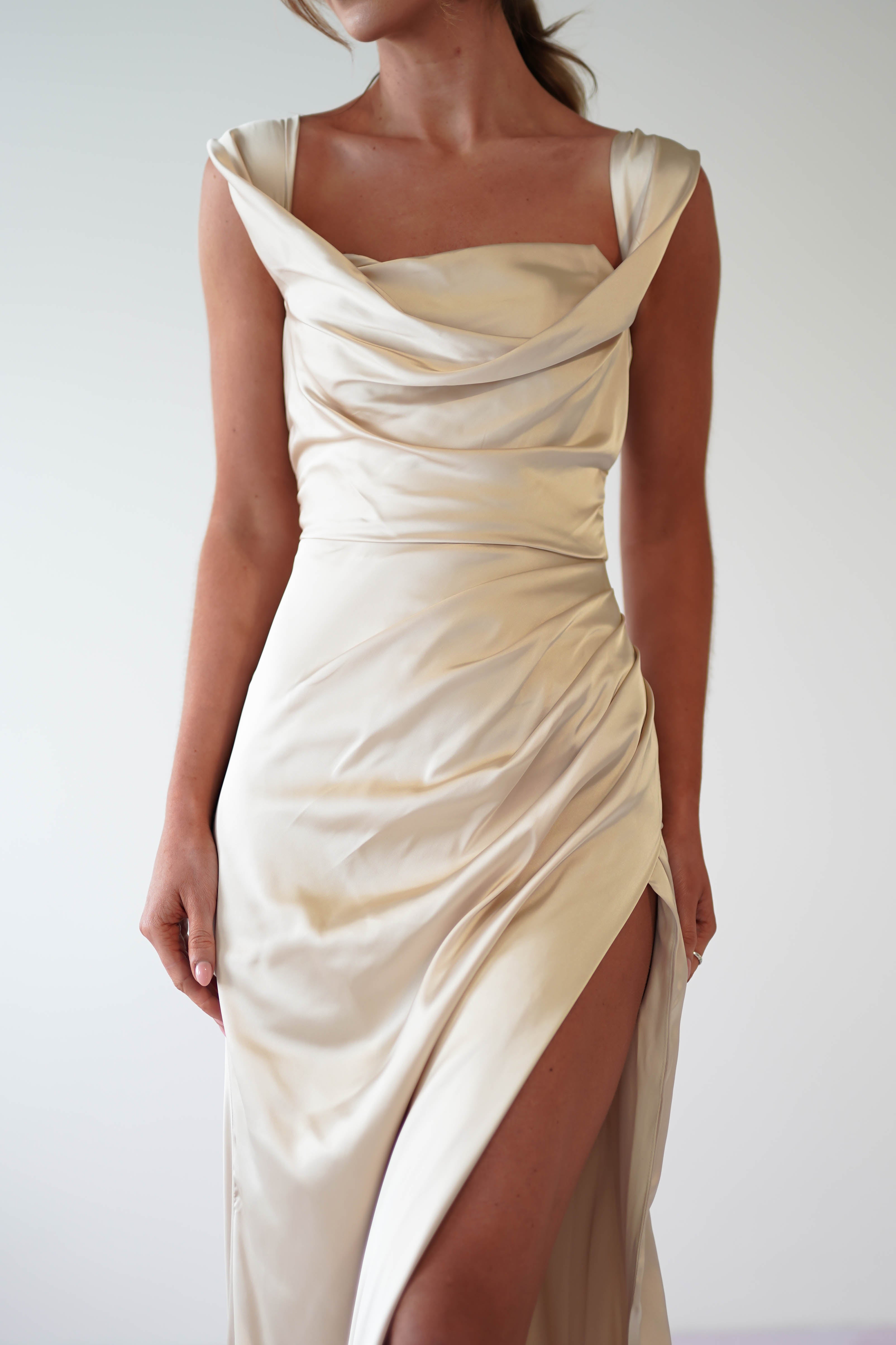 Beth Draped Silky Satin Gown | Champagne | Debs & Prom | Formal Gown | Oh Hello Clothing