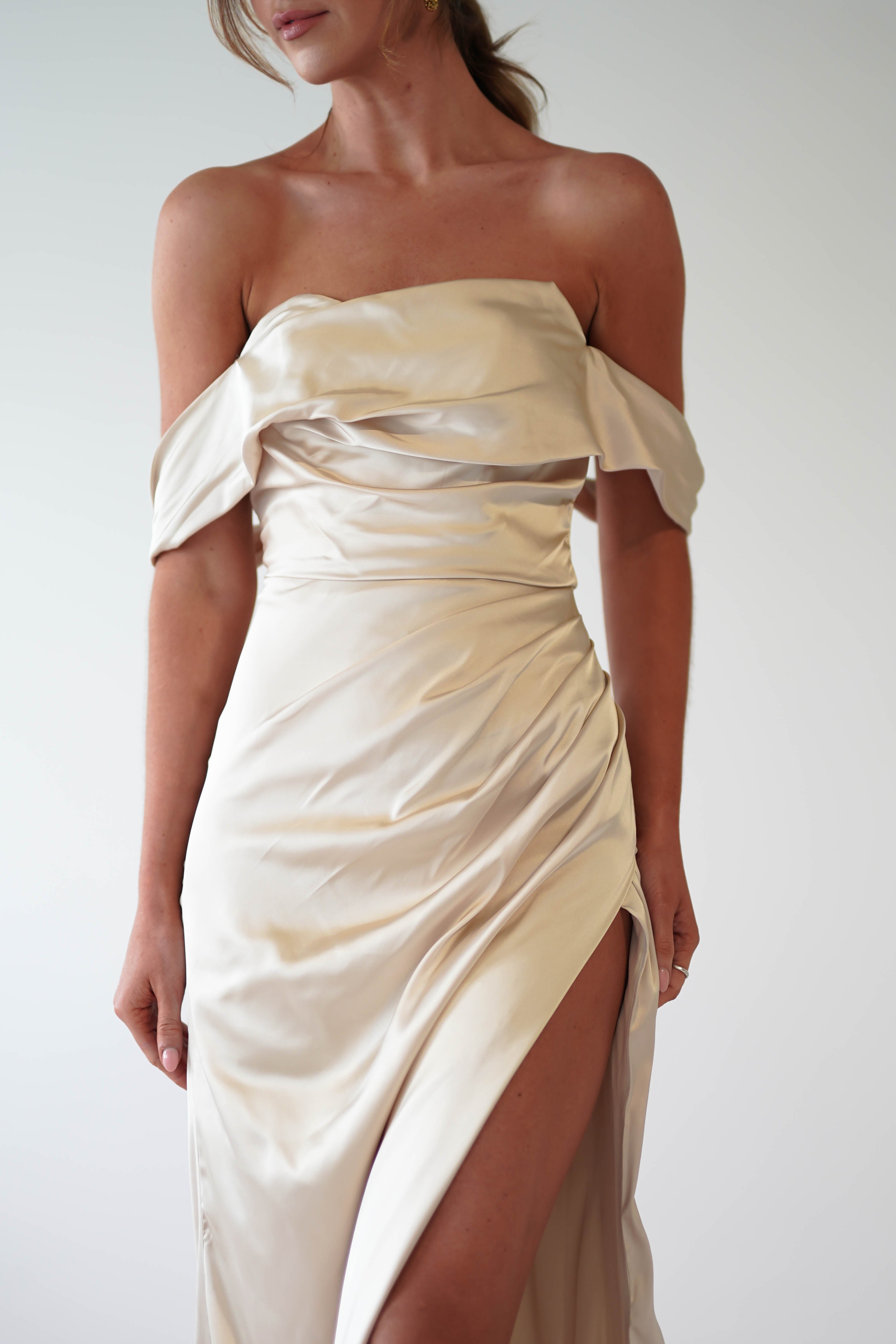 Beth Draped Silky Satin Gown | Champagne | Debs & Prom | Formal Gown | Oh Hello Clothing