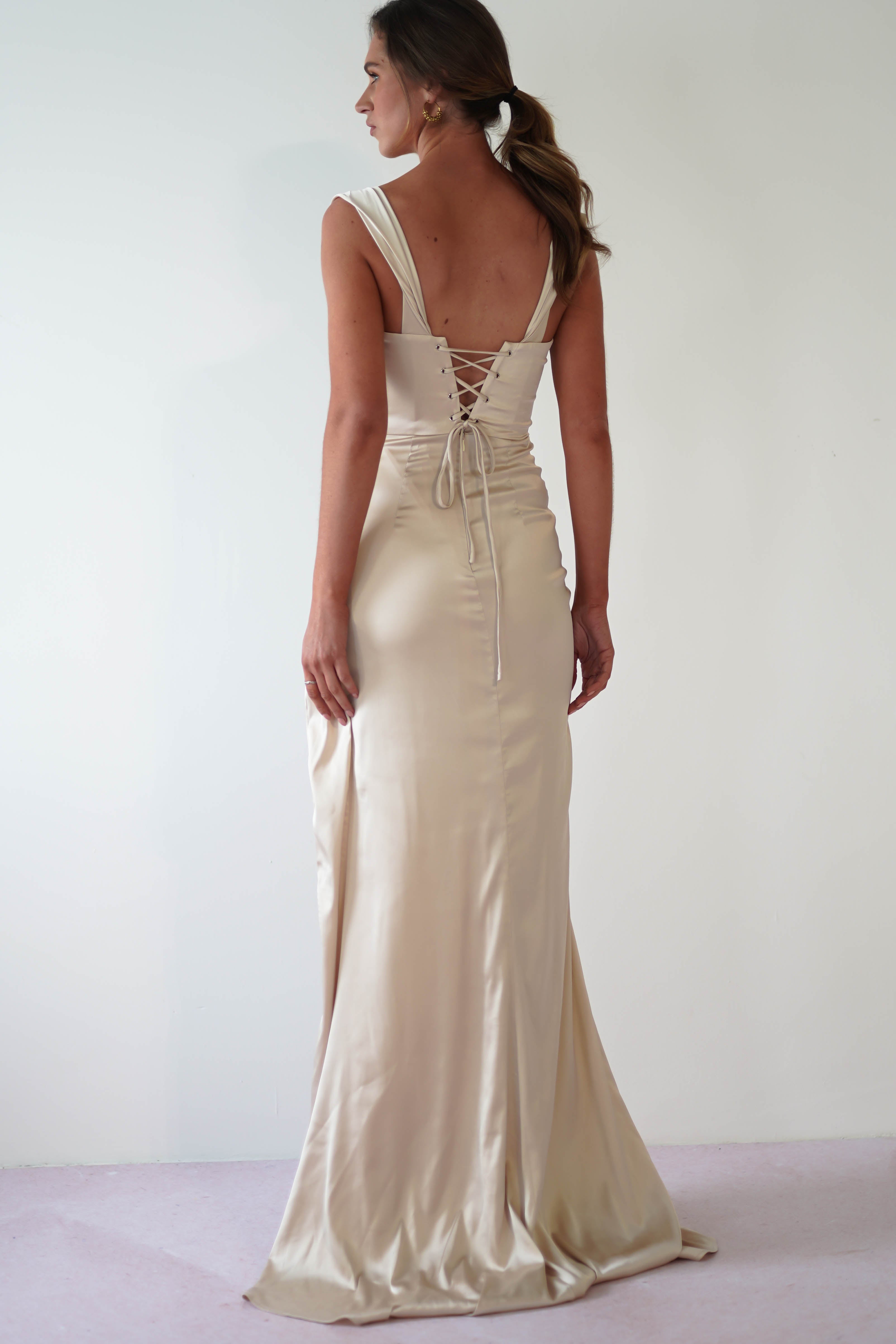 Beth Draped Silky Satin Gown | Champagne | Debs & Prom | Formal Gown | Oh Hello Clothing