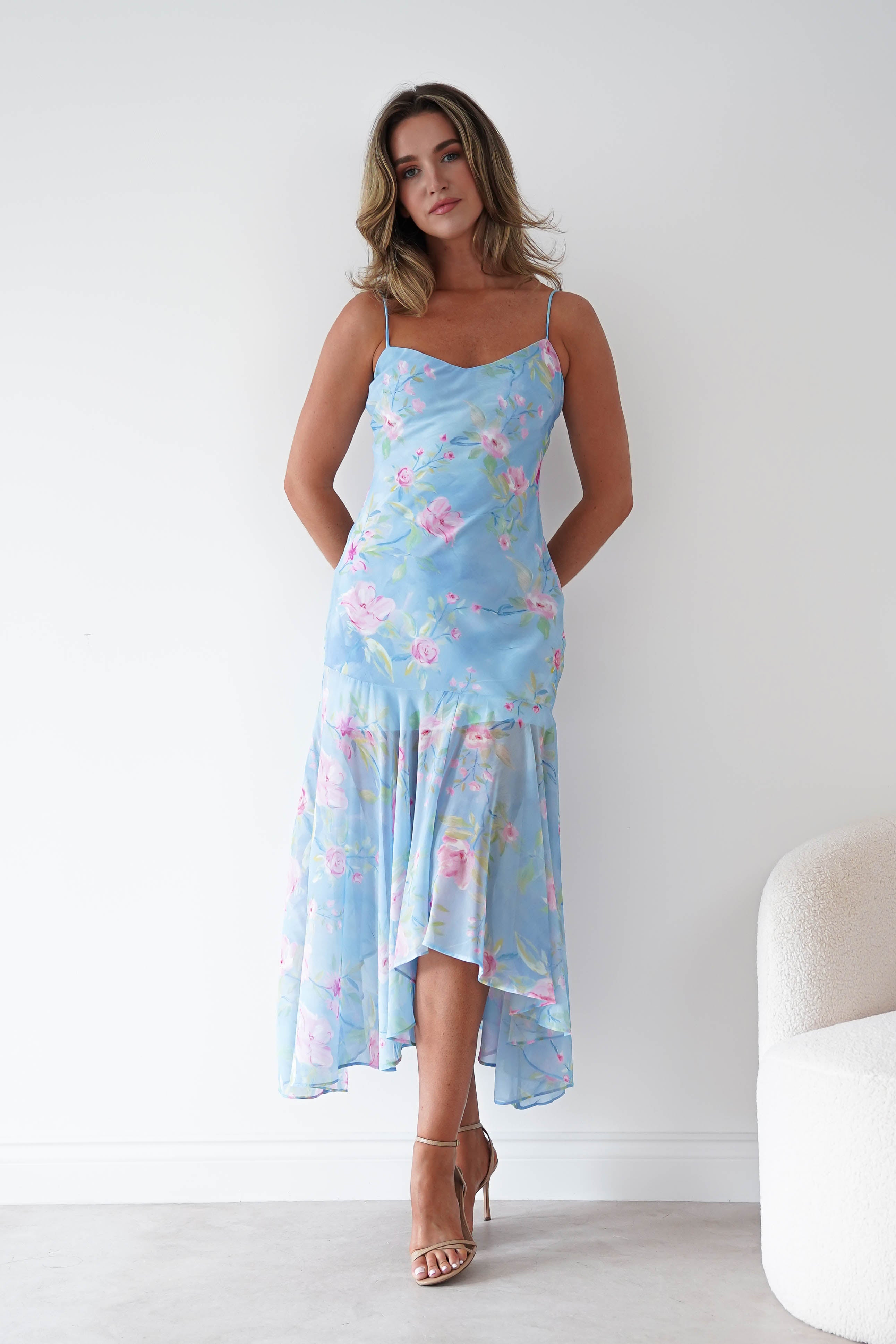 Oh Hello Clothing Women > Clothing > Dresses * DONE Calix Floral Asymmetric Midi Dress | Blue