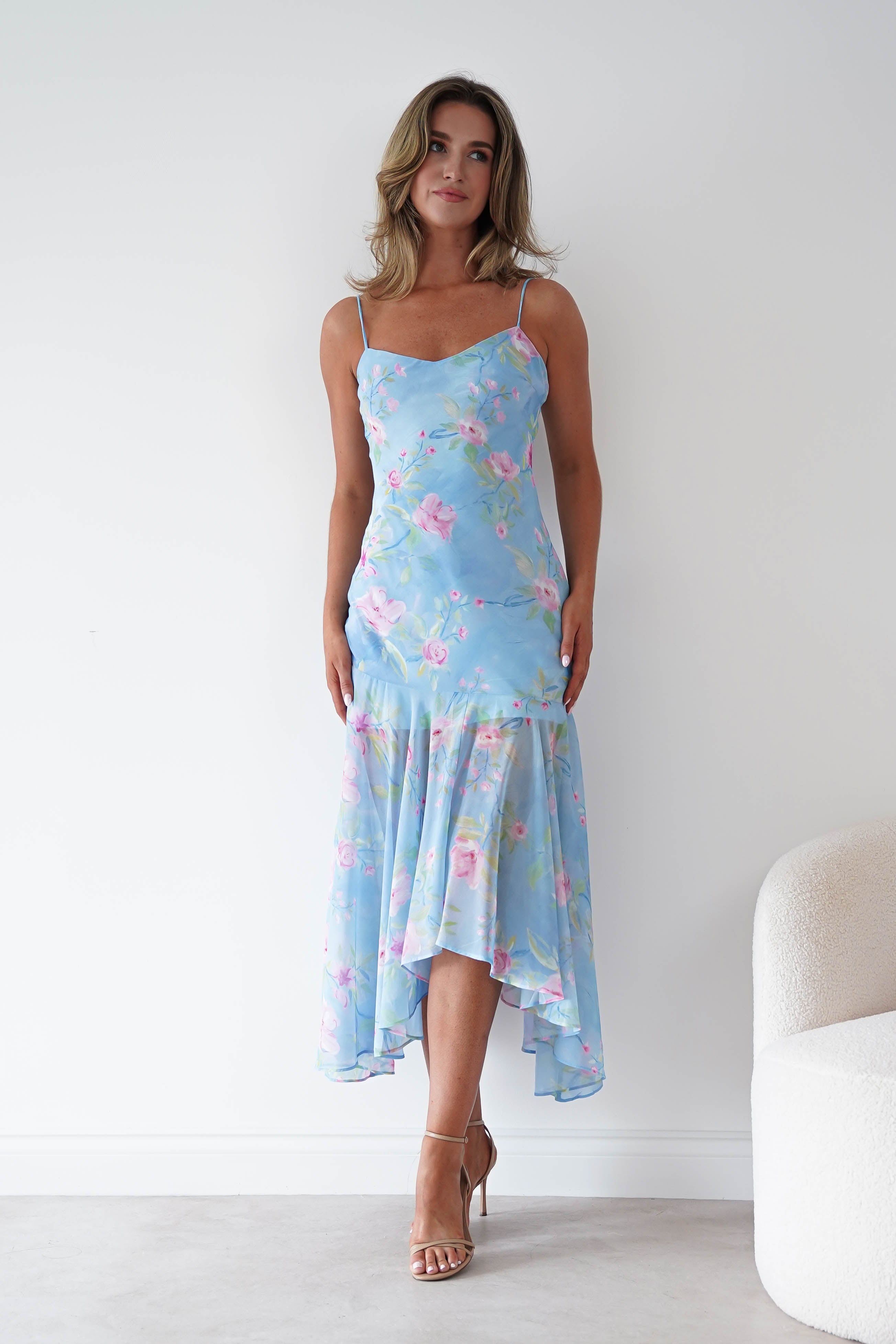 Oh Hello Clothing Women > Clothing > Dresses * DONE Calix Floral Asymmetric Midi Dress | Blue