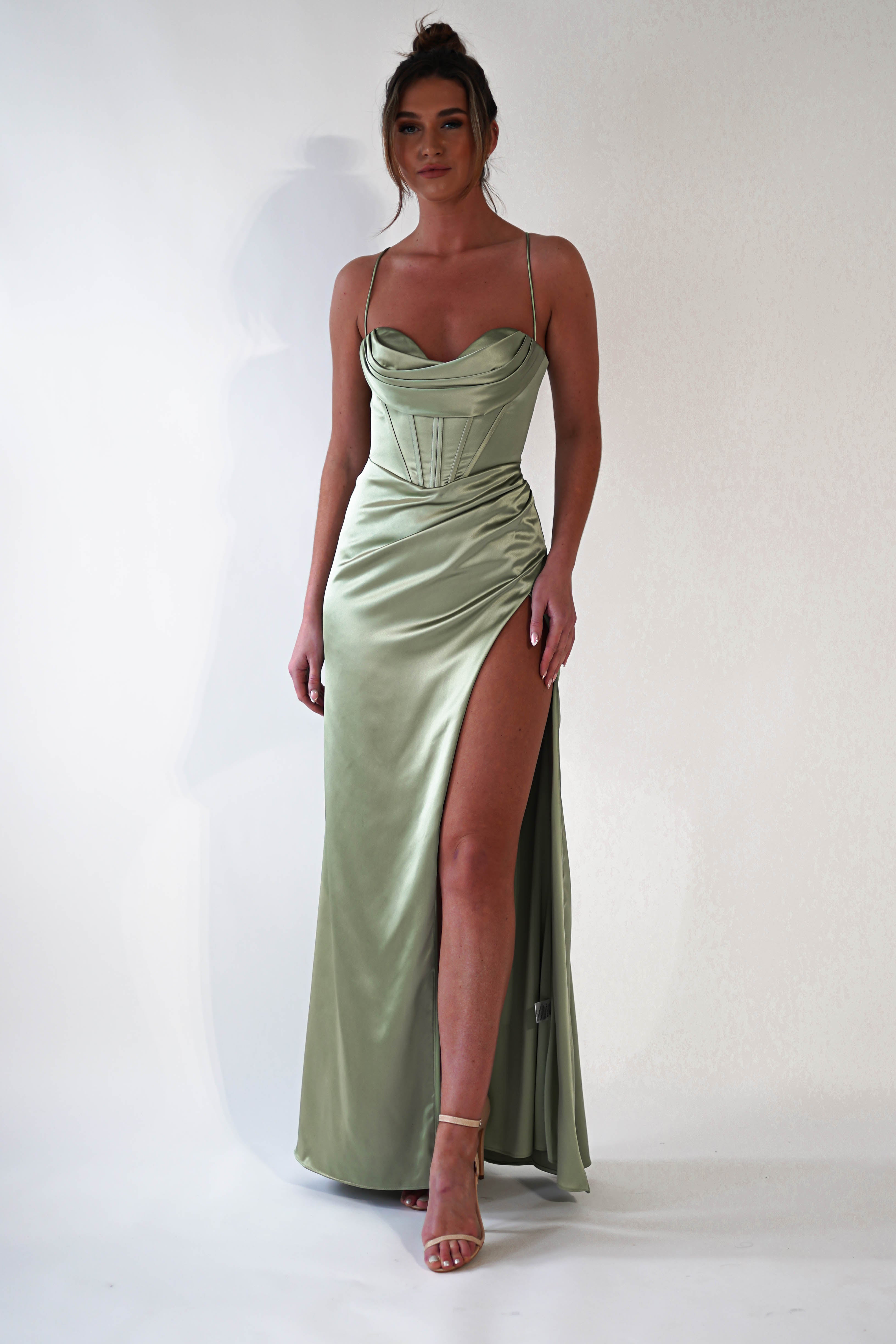 Julianne Corset Satin Gown | Sage | Debs & Prom | Formal Gown | Oh Hello Clothing