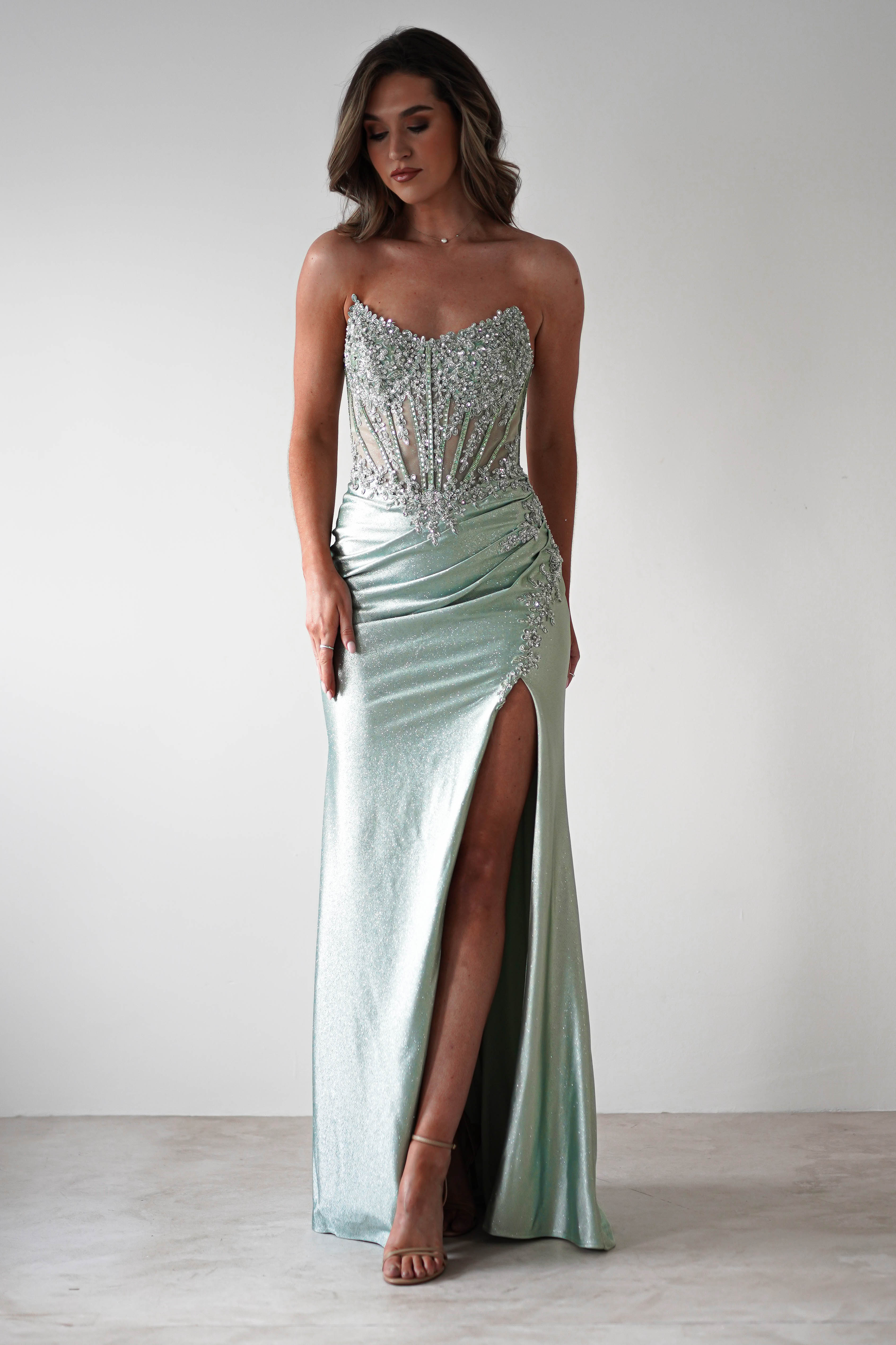 Caspian Embellished Bodycon Gown | Light Green | Debs & Prom | Formal Gown | Oh Hello Clothing