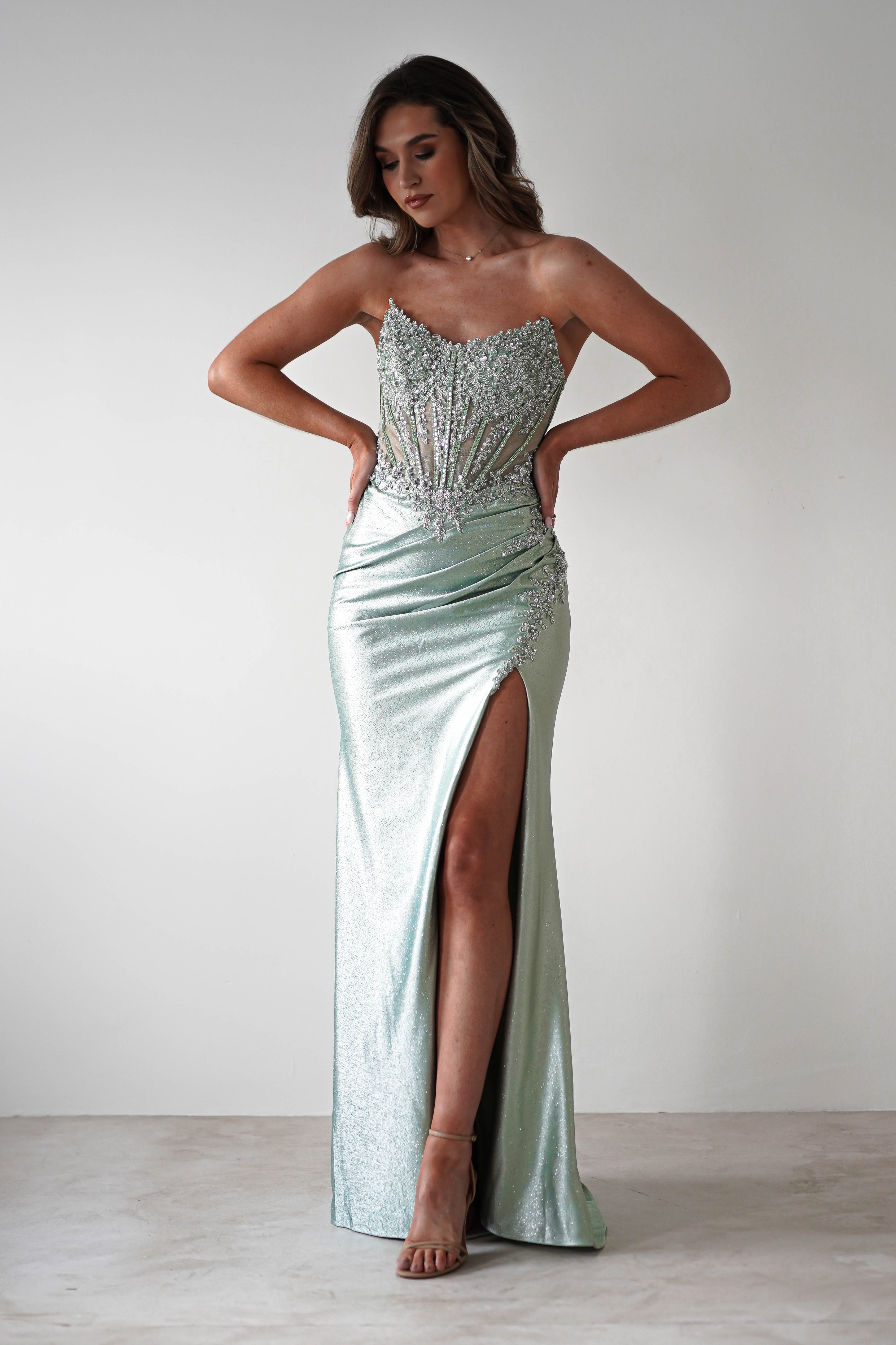 Caspian Embellished Bodycon Gown | Light Green | Debs & Prom | Formal Gown | Oh Hello Clothing
