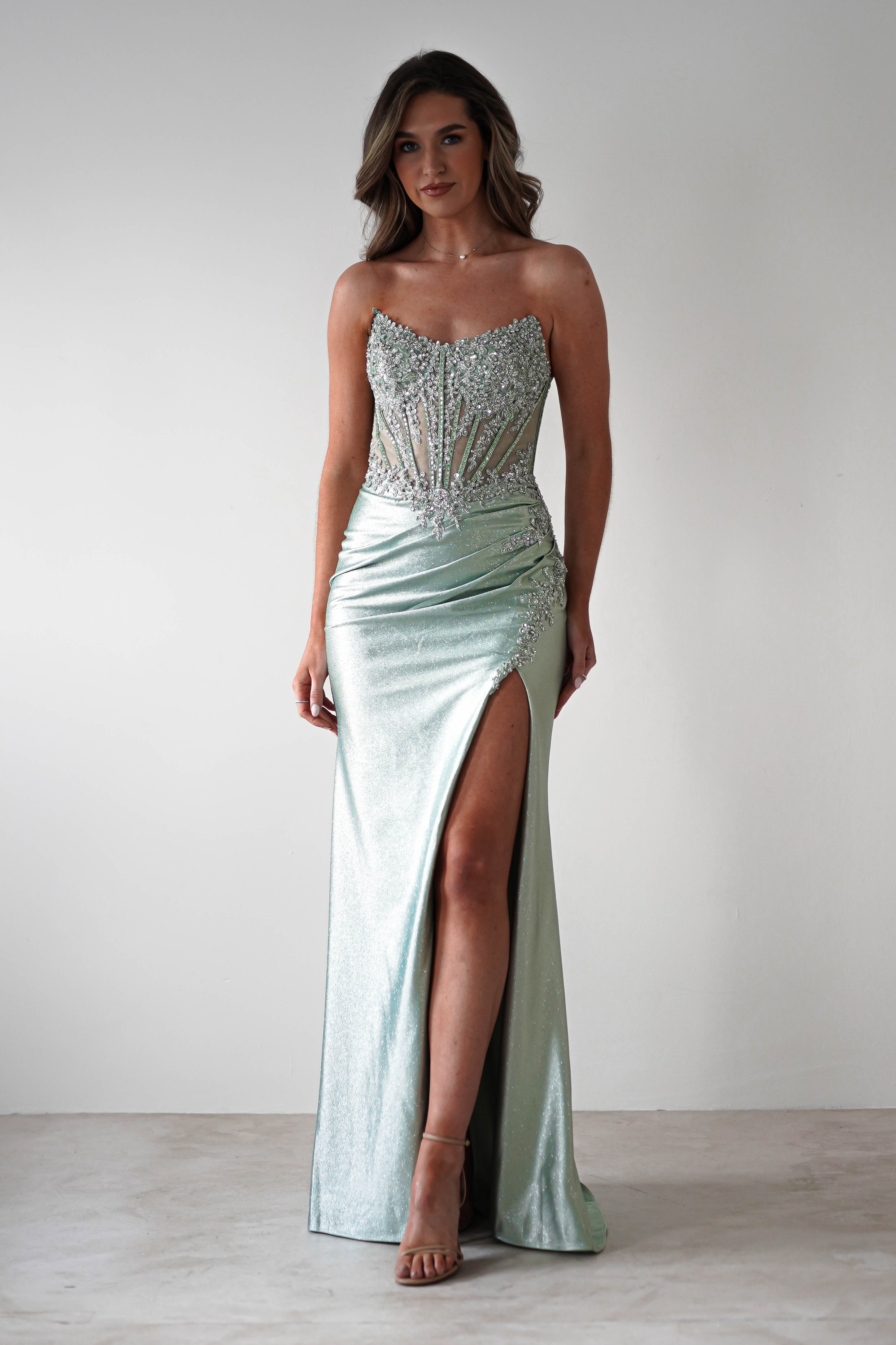 Caspian Embellished Bodycon Gown | Light Green | Debs & Prom | Formal Gown | Oh Hello Clothing