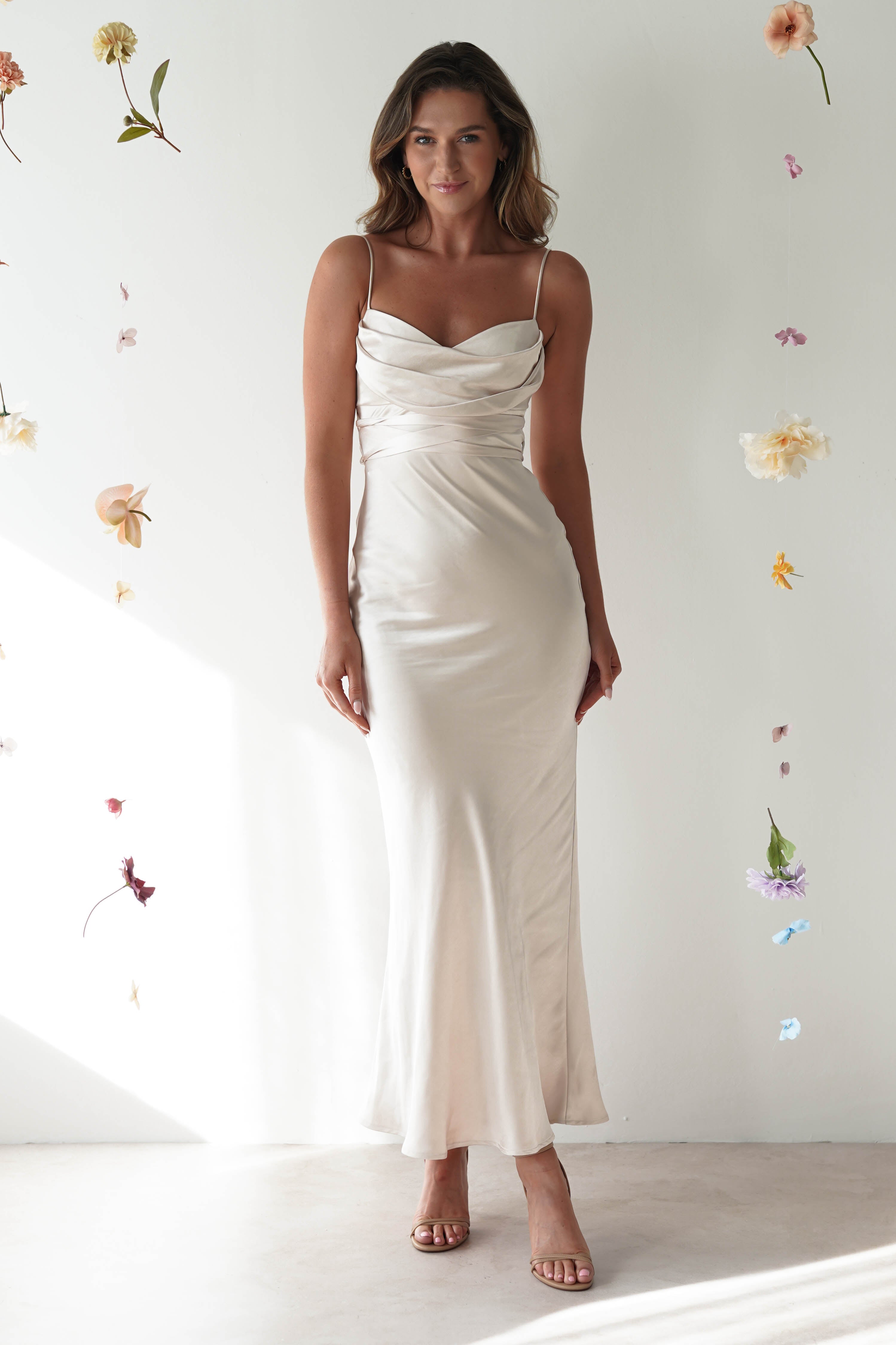 Everleigh Soft Satin Midi Dress | Champagne | Graduation | Bride To Be Hen Dress | Oh Hello Clothing