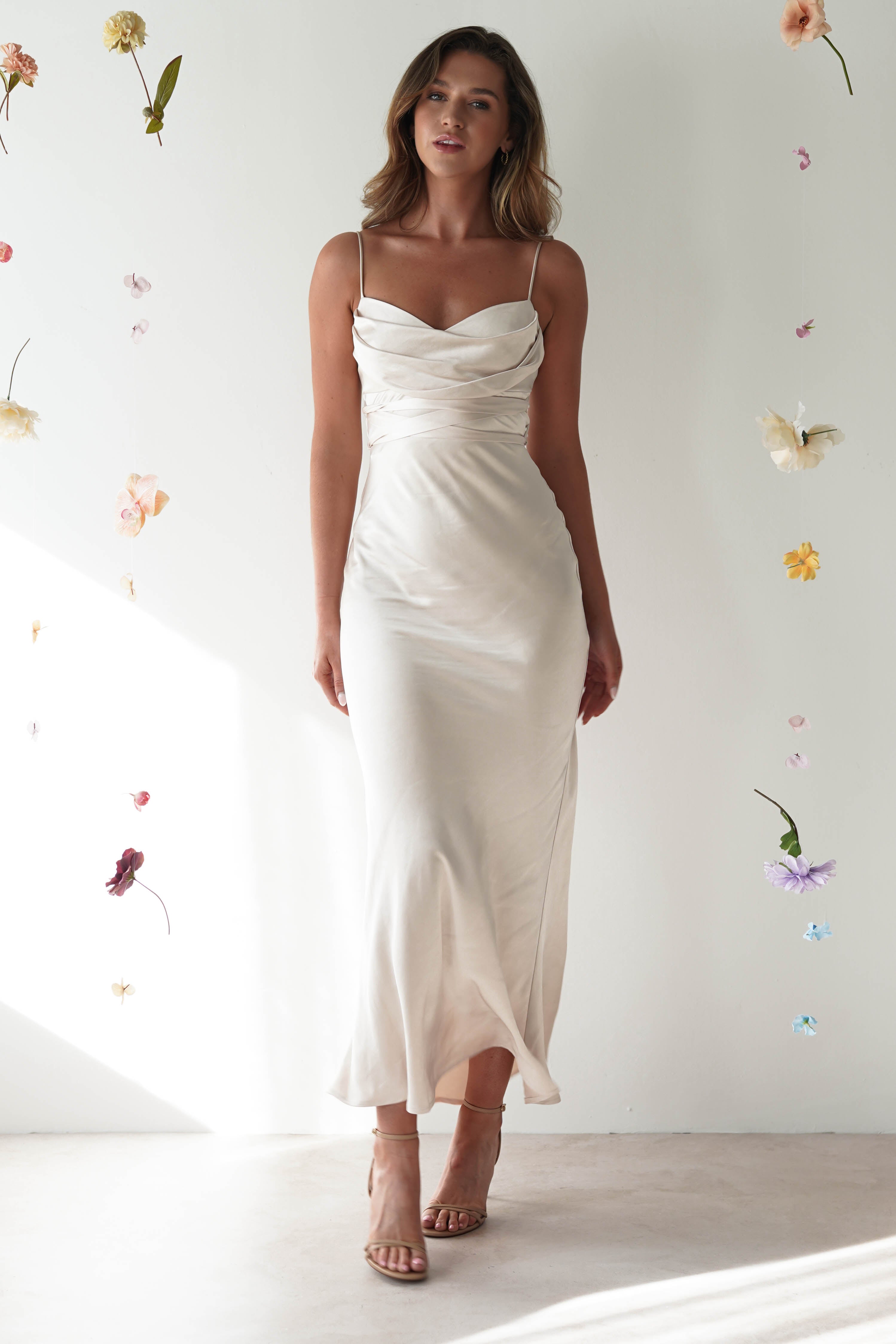 Everleigh Soft Satin Midi Dress | Champagne | Graduation | Bride To Be Hen Dress | Oh Hello Clothing