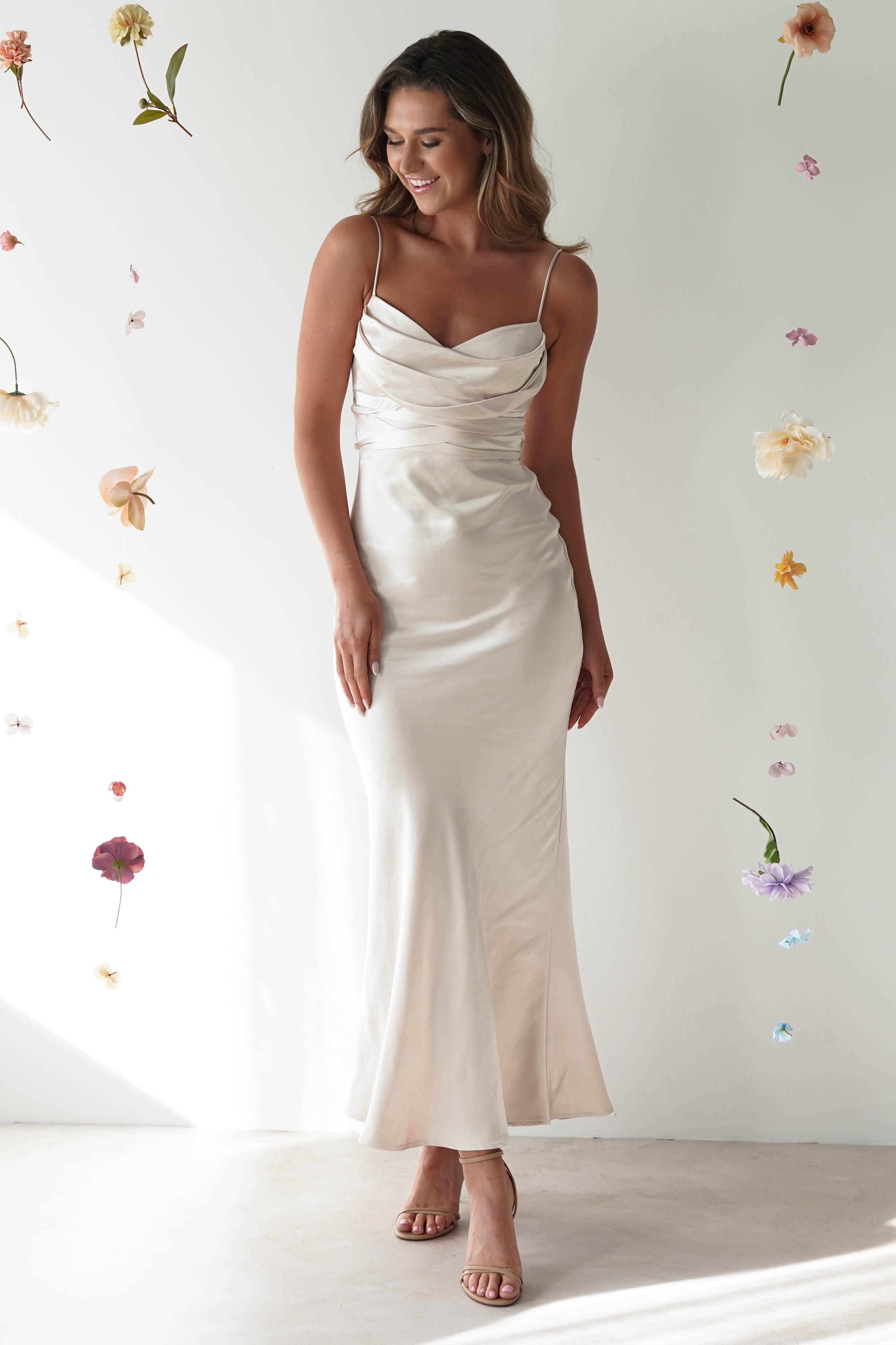 Everleigh Soft Satin Midi Dress | Champagne | Graduation | Bride To Be Hen Dress | Oh Hello Clothing