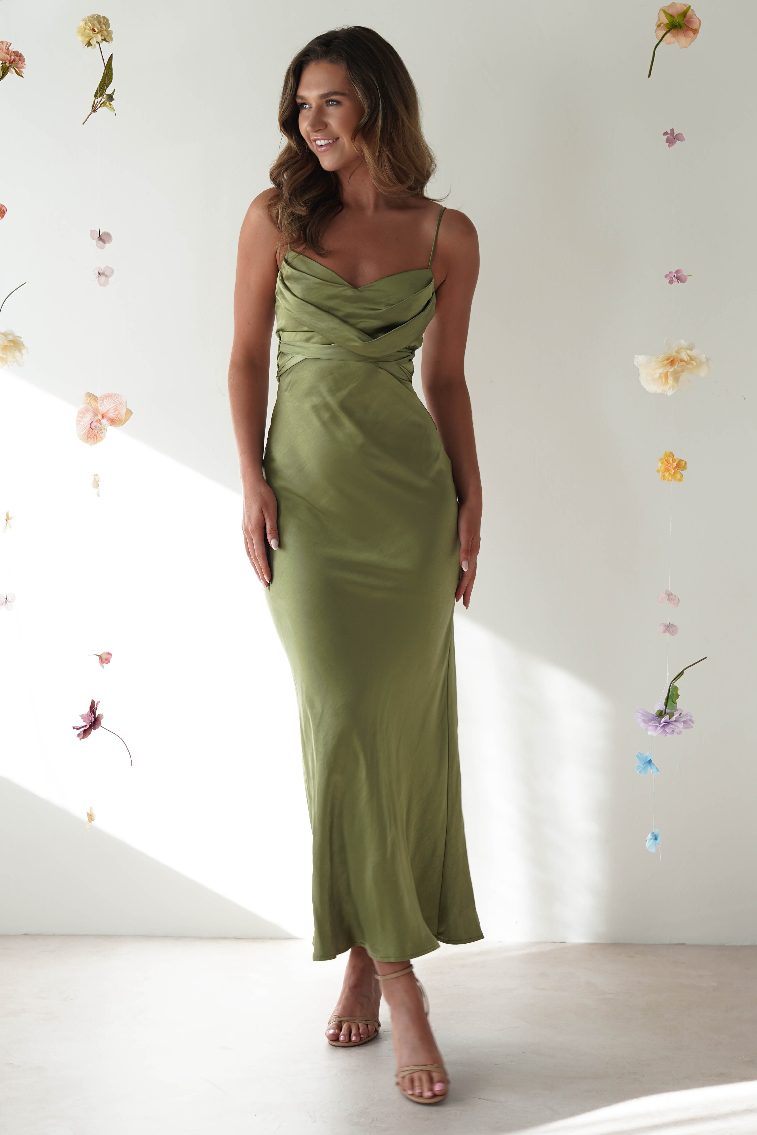 Everleigh Soft Satin Midi Dress Olive | Wedding Guest Dress | Midi | Satin | Oh Hello Clothing