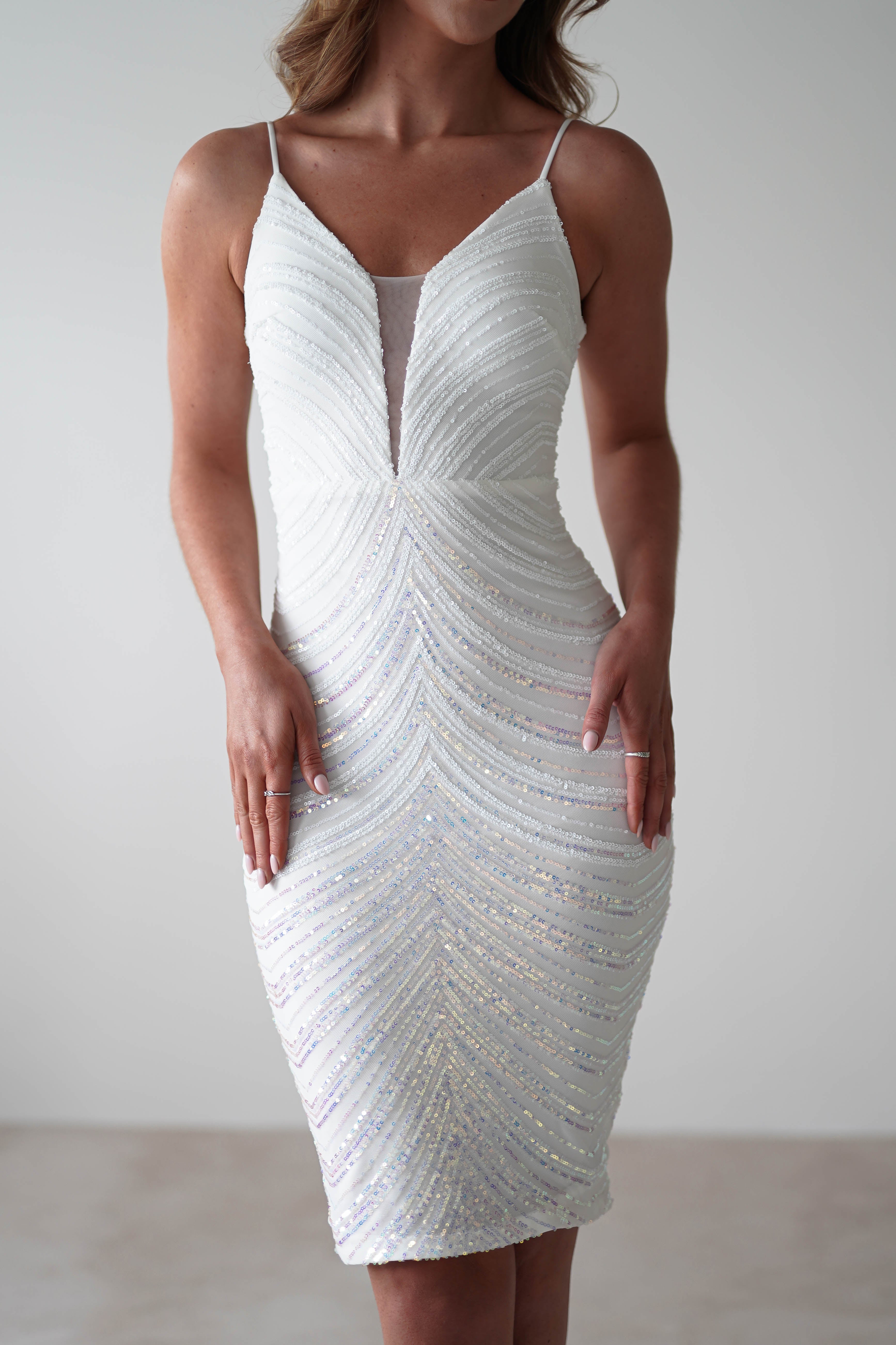 Palmira Sequin Midi Dress | White Iridescent | Graduation | Bride To Be Hen Dress | Oh Hello Clothing