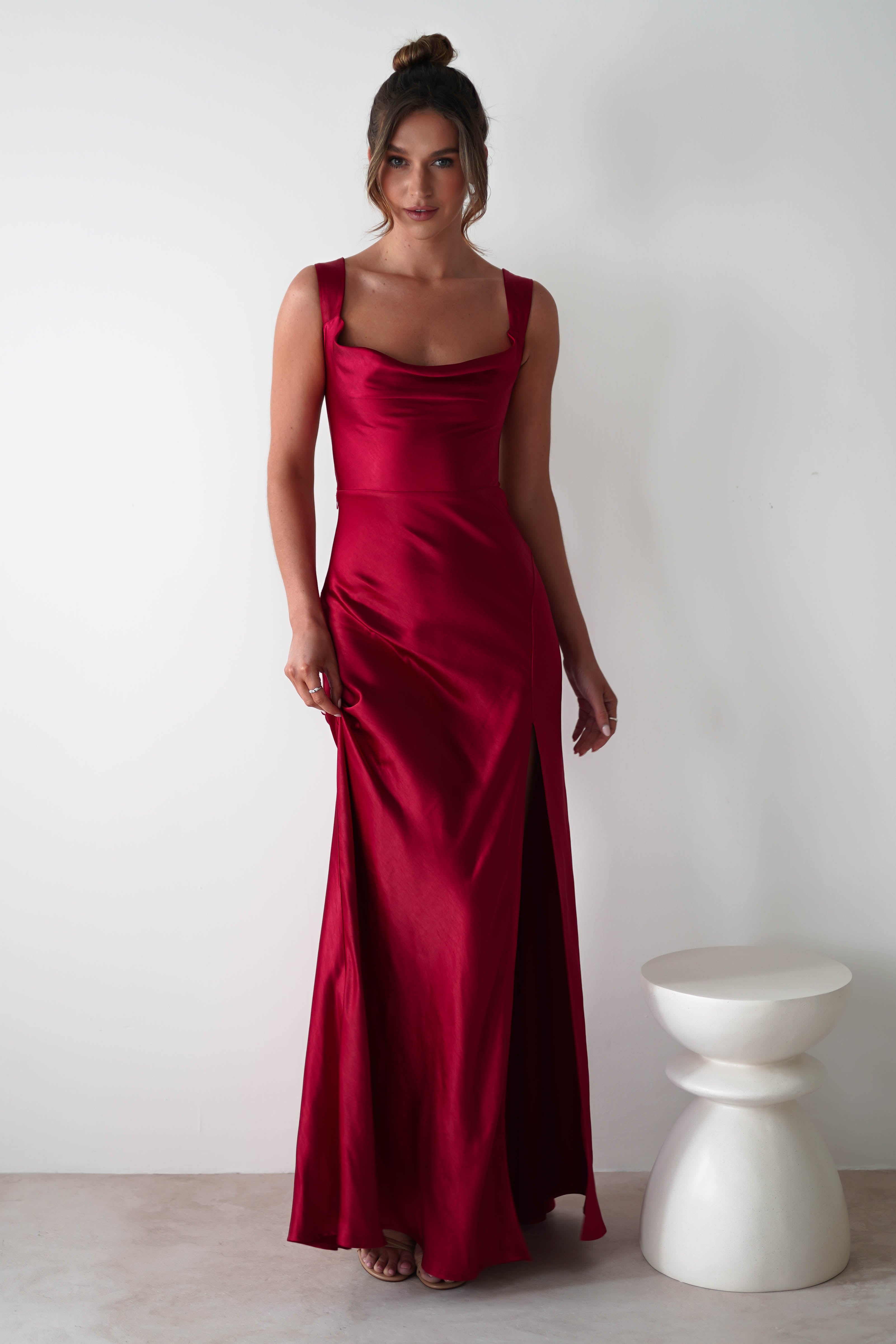 Riviera Soft Satin Maxi Gown | Berry Red | Debs & Prom | Formal Gown | Oh Hello Clothing